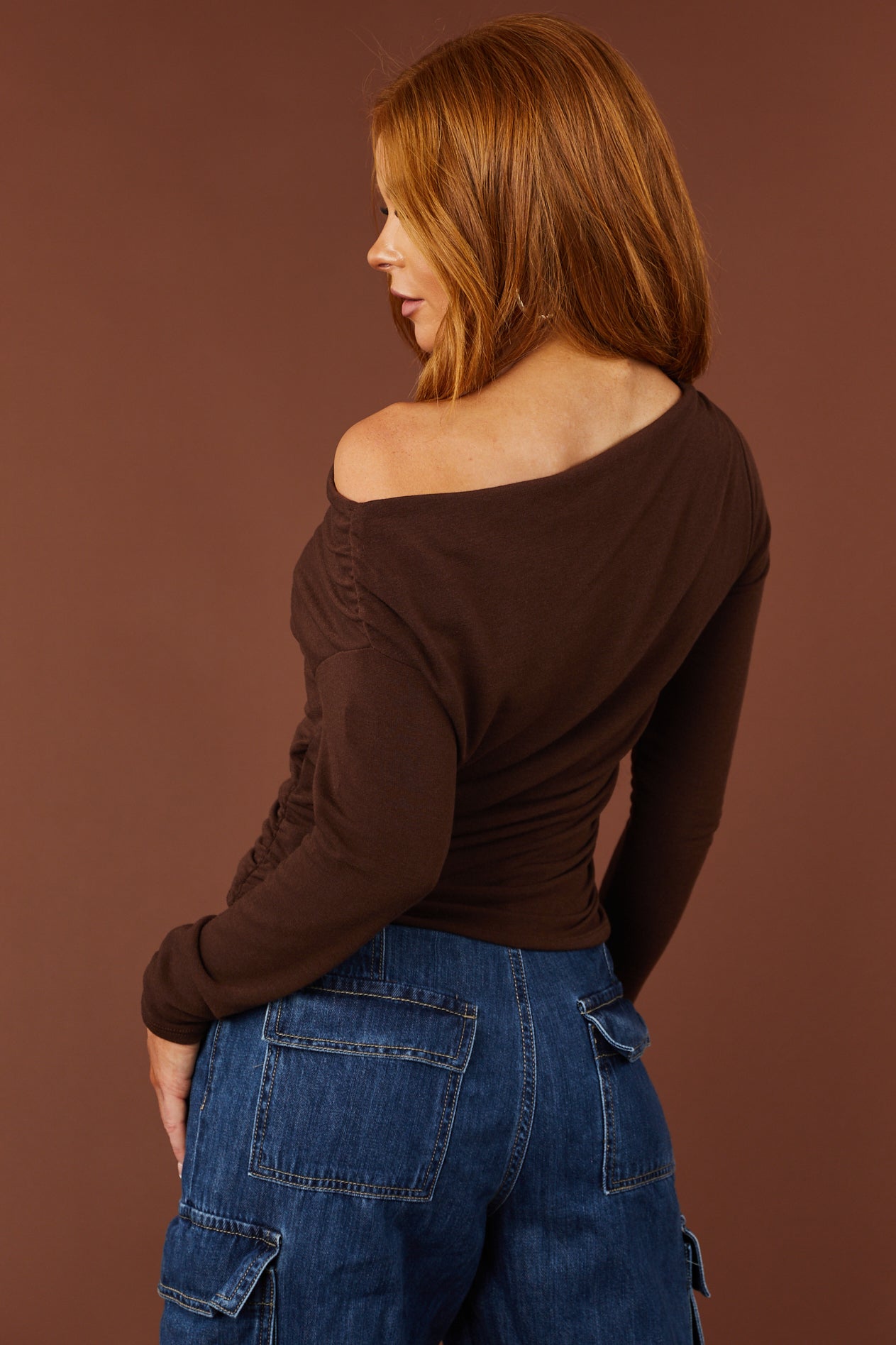 Cocoa Off Shoulder Ruched Side Long Sleeve Top-Newayad