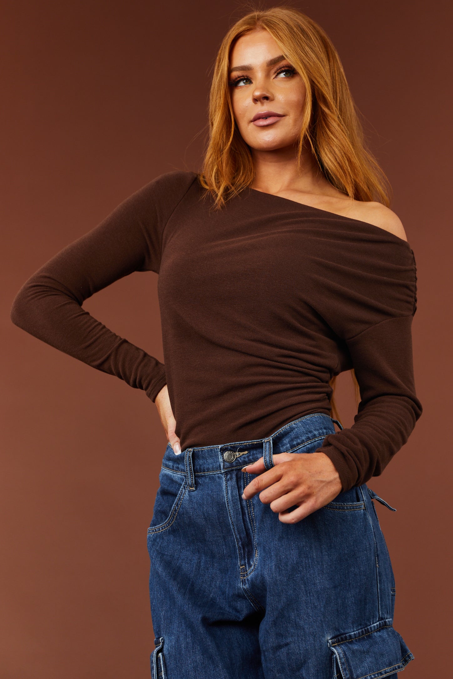 Cocoa Off Shoulder Ruched Side Long Sleeve Top-Newayad