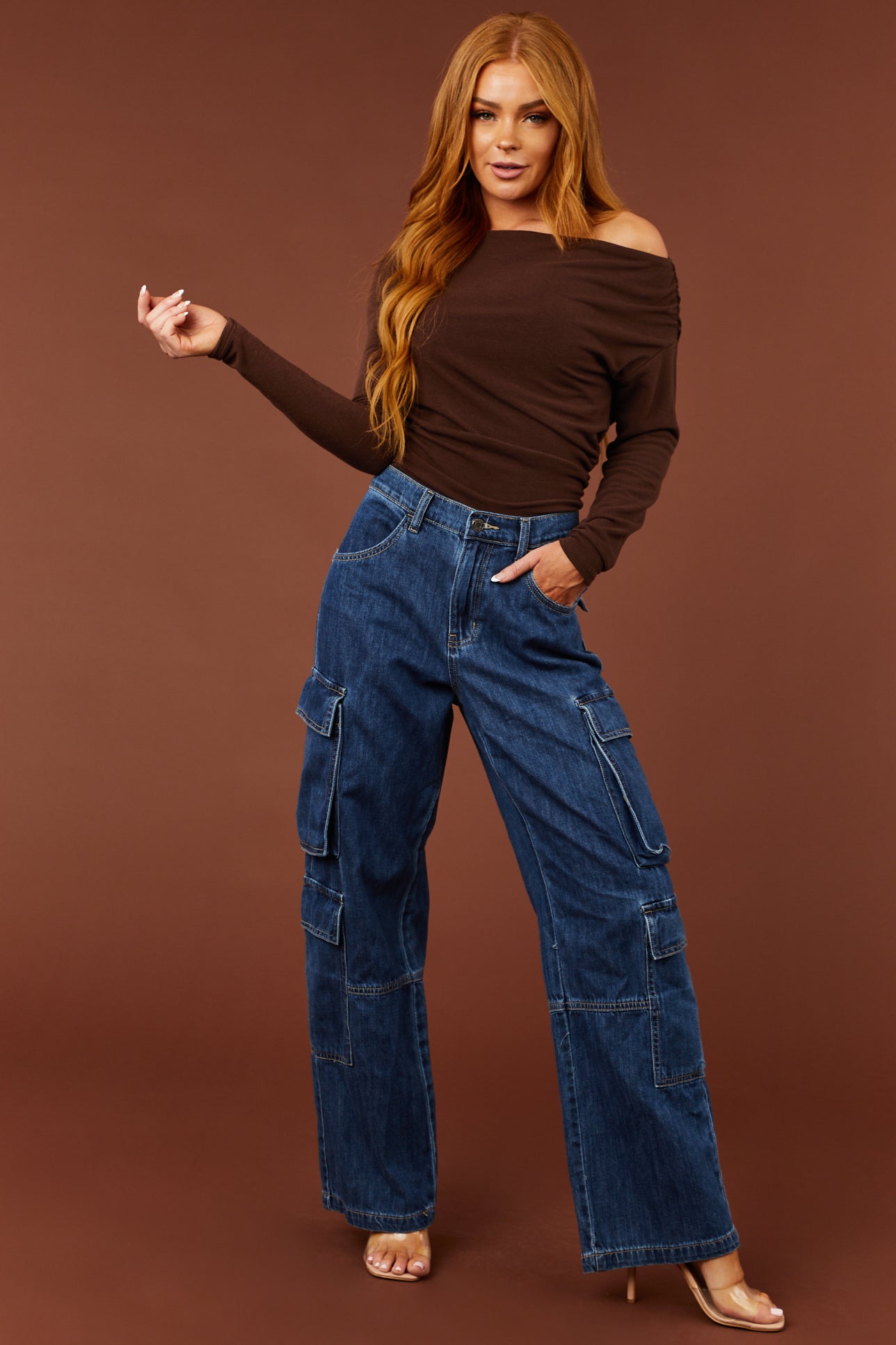 Cocoa Off Shoulder Ruched Side Long Sleeve Top-Newayad