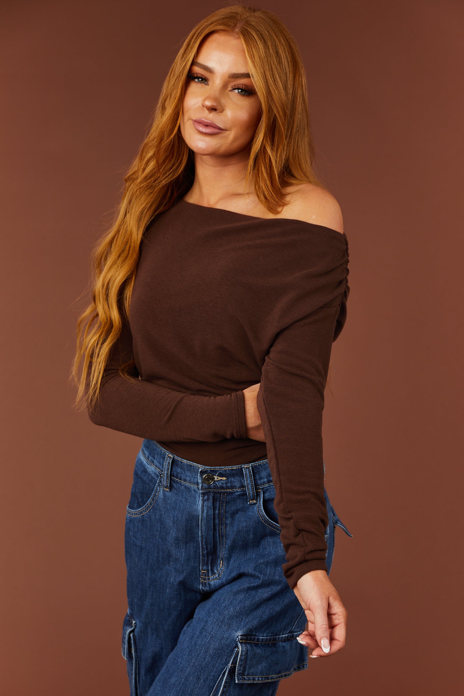 Cocoa Off Shoulder Ruched Side Long Sleeve Top-Newayad