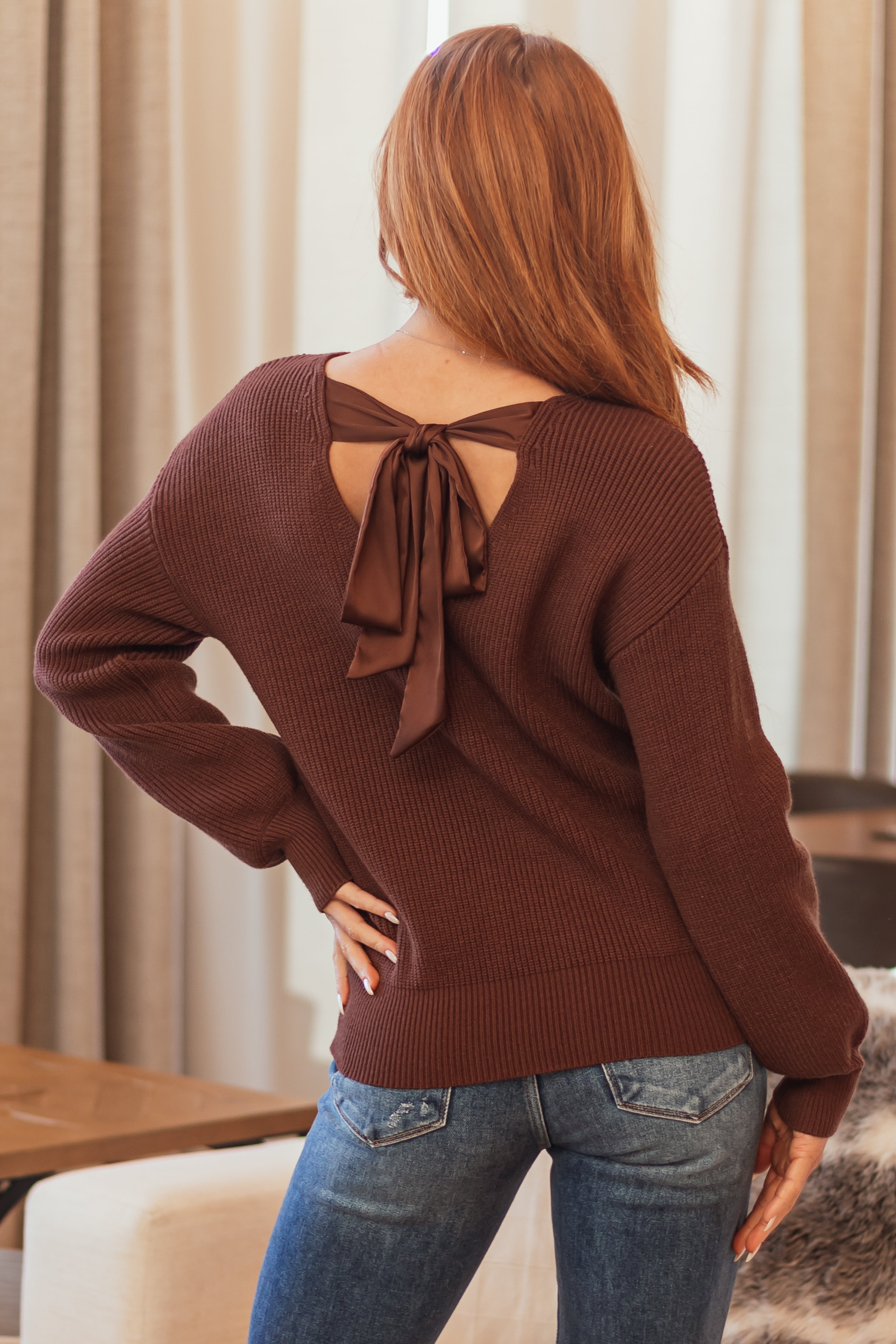 Cocoa V Neck Back Tie Puff Long Sleeve Sweater-Newayad