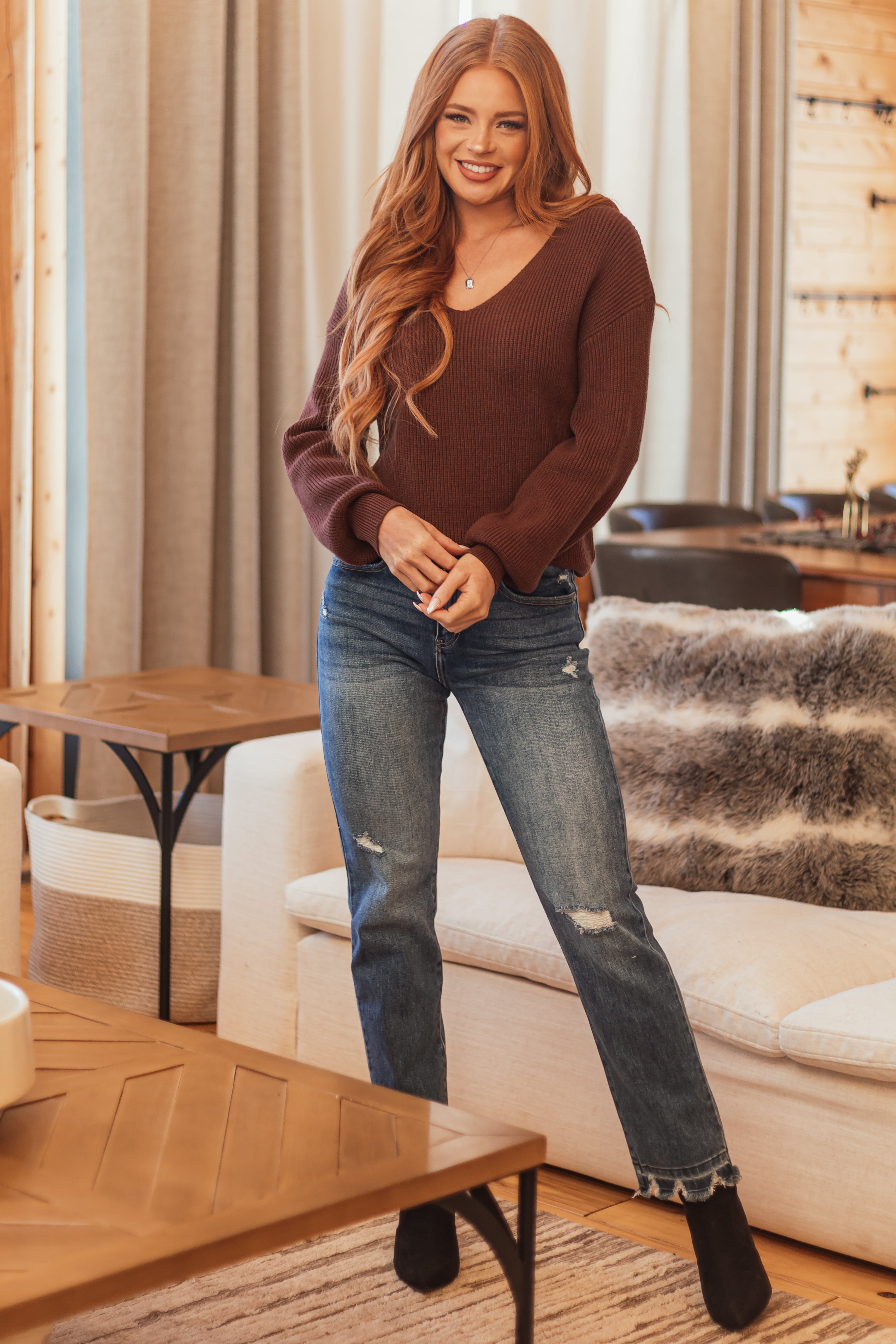 Cocoa V Neck Back Tie Puff Long Sleeve Sweater-Newayad