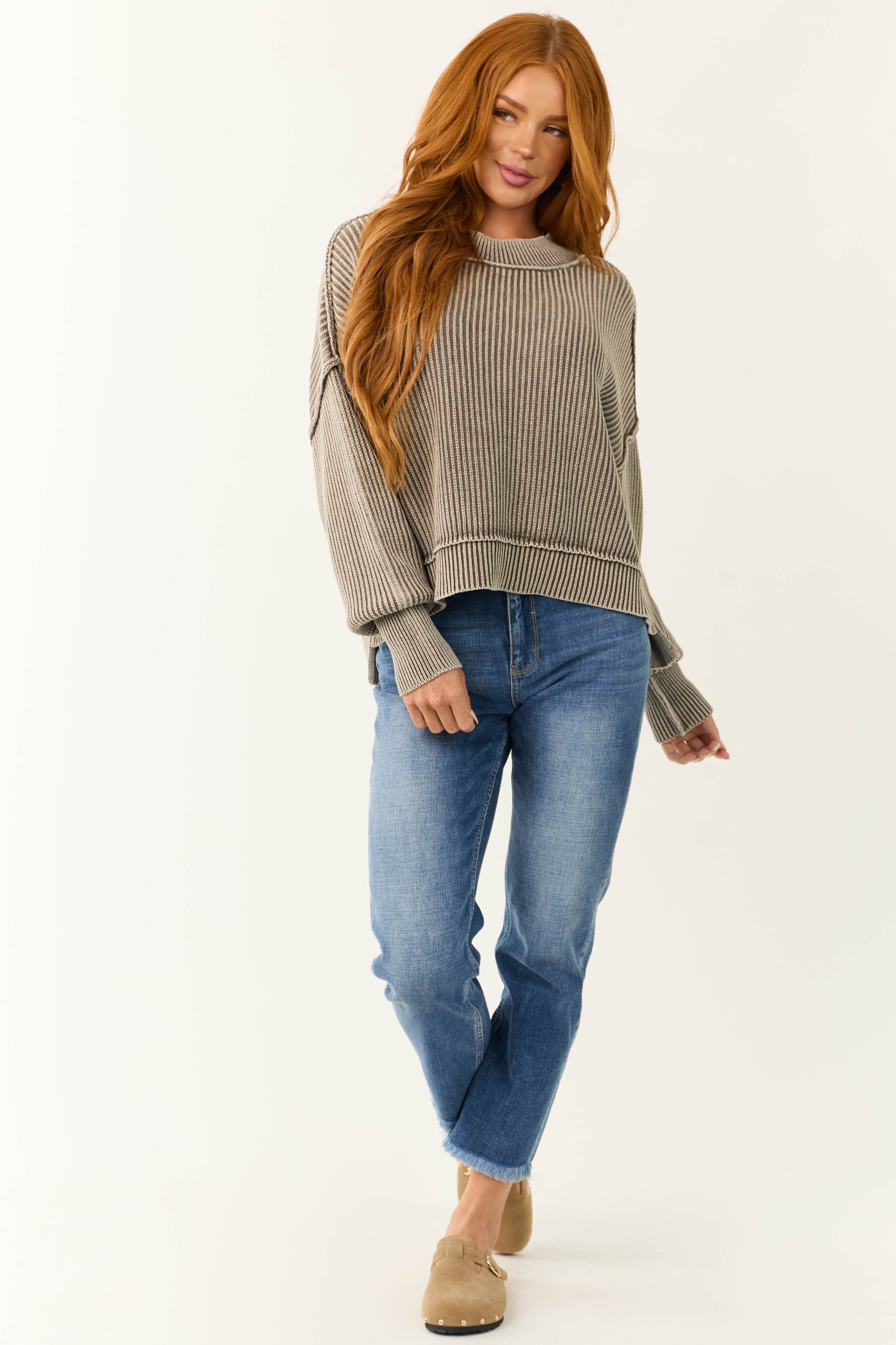 Cocoa Washed Long Sleeve Knit Sweater-Newayad