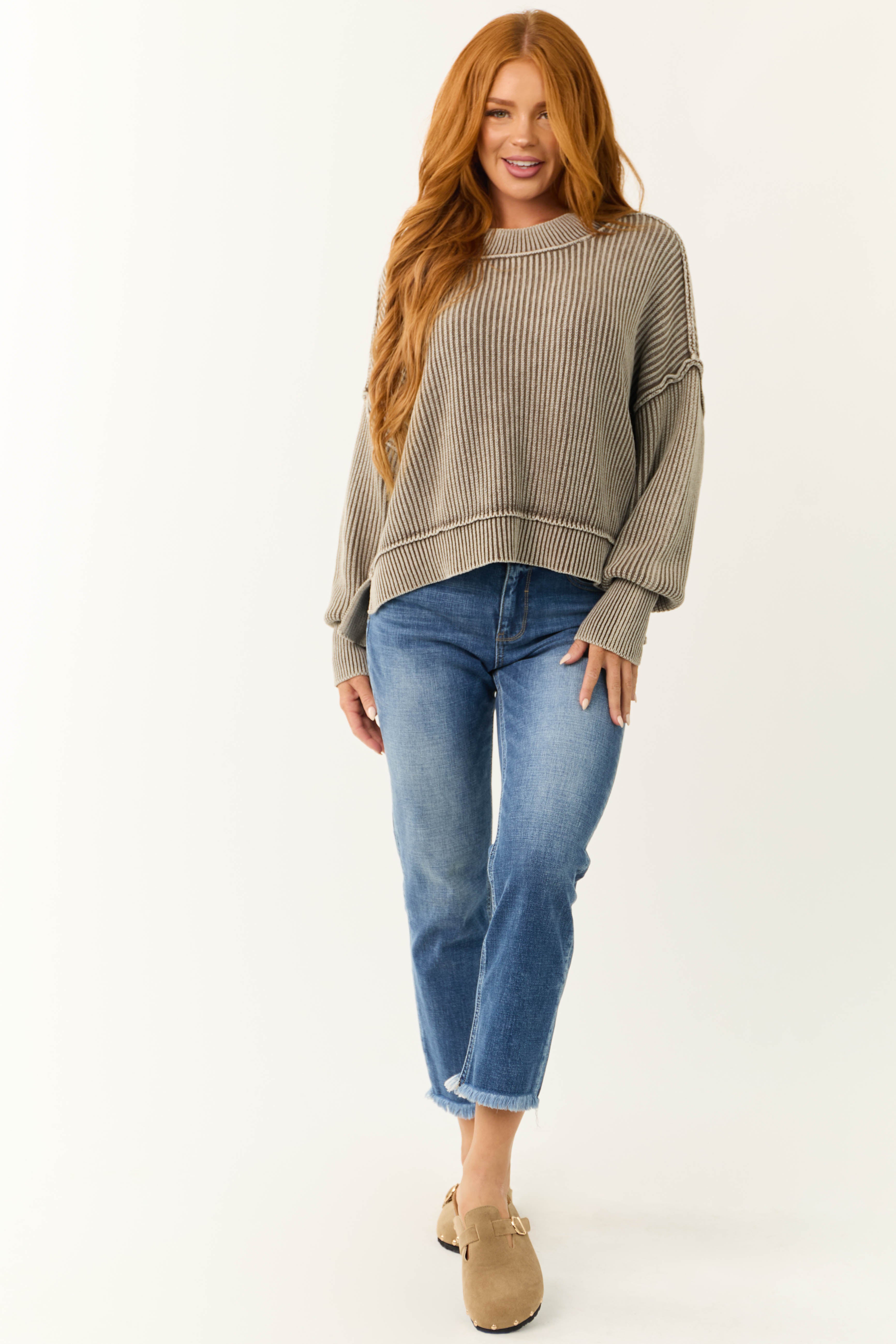 Cocoa Washed Long Sleeve Knit Sweater-Newayad