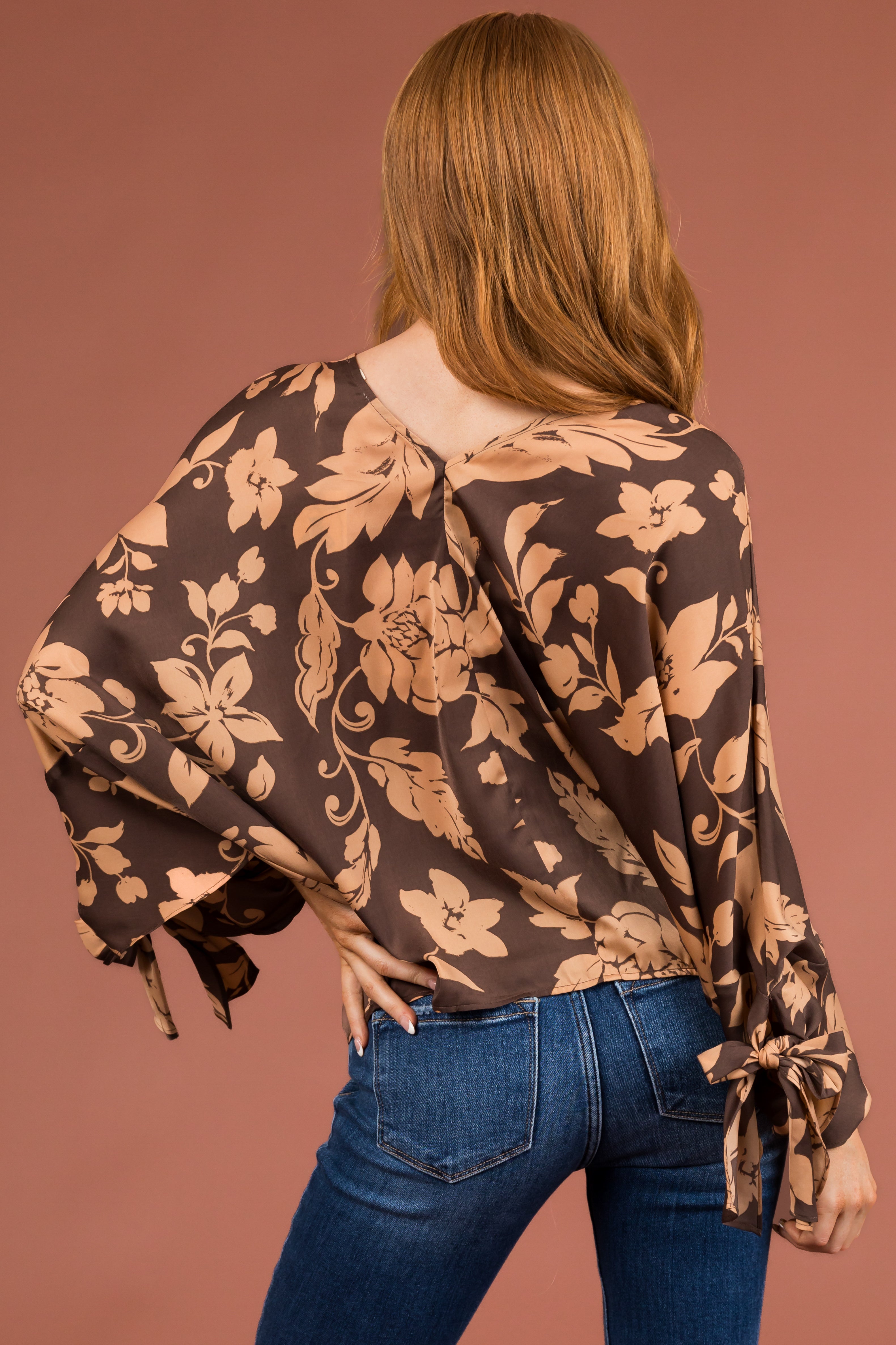 Cocoa and Latte Floral Dolman Sleeve Satin Top-Newayad