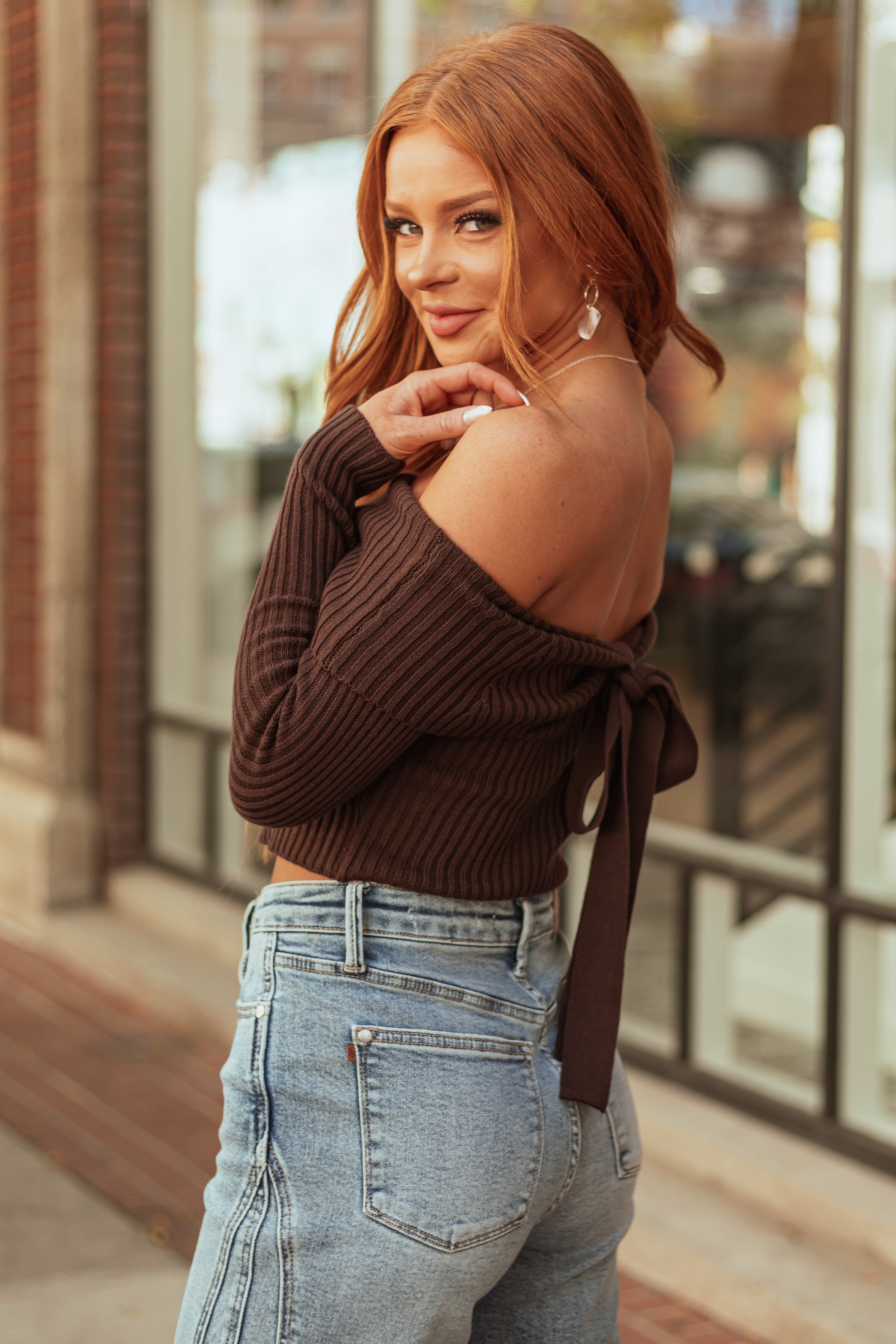 Cocoa Off Shoulder Ribbed Knit Sweater Top-Newayad