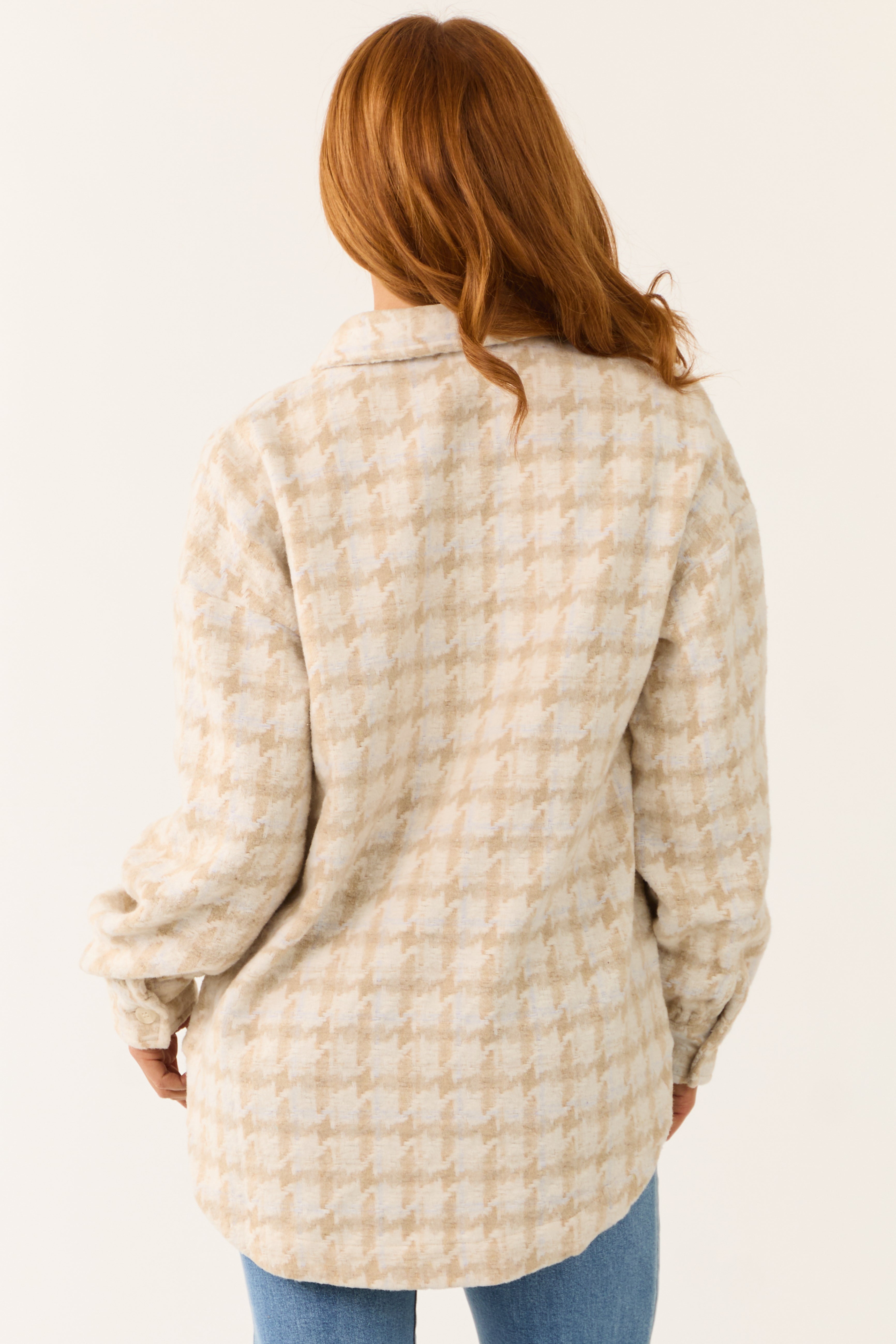 Coconut Houndstooth Brushed Thick Shacket-Newayad
