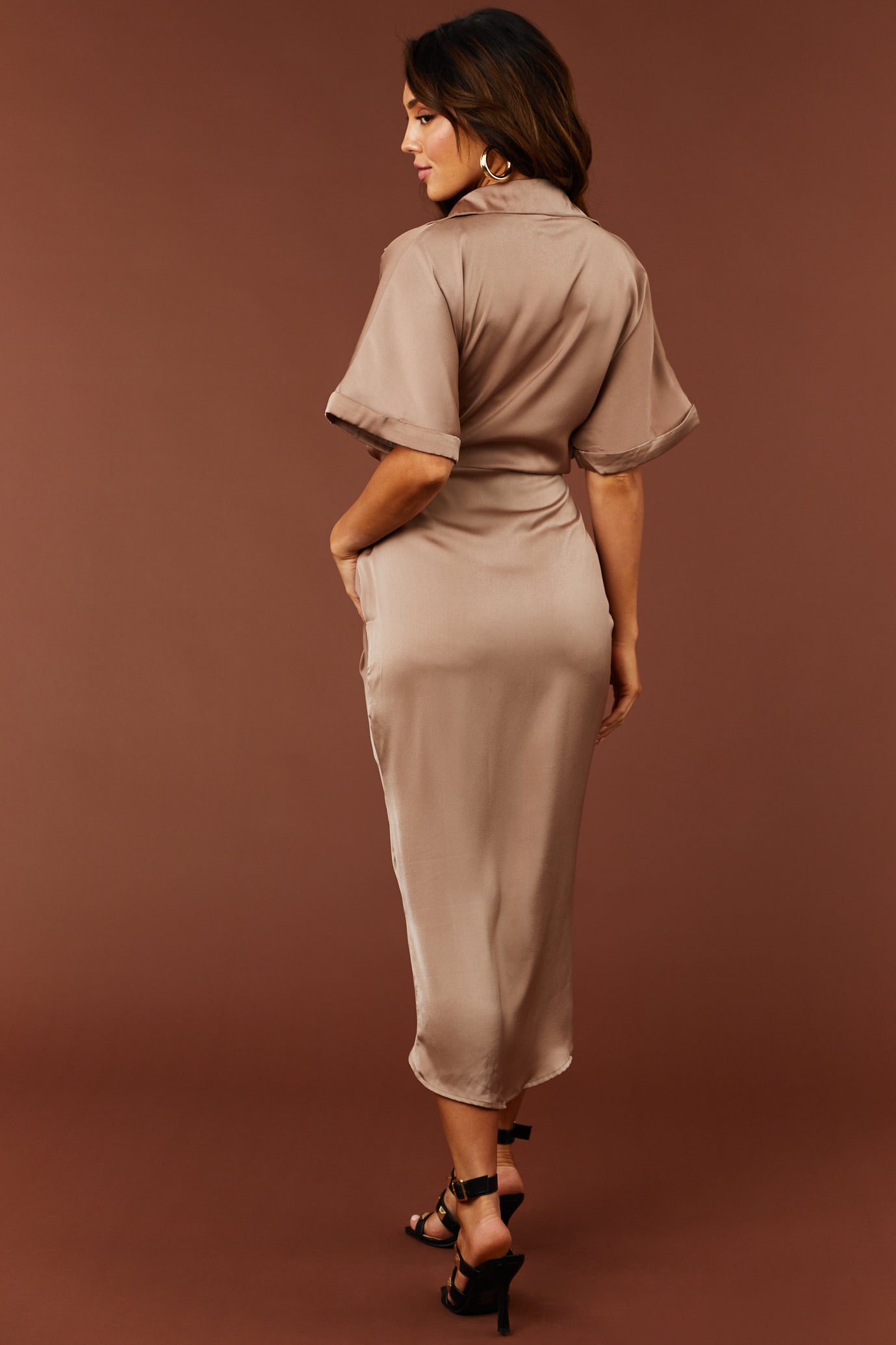Latte Button Down Front Tie Satin Midi Dress-Newayad