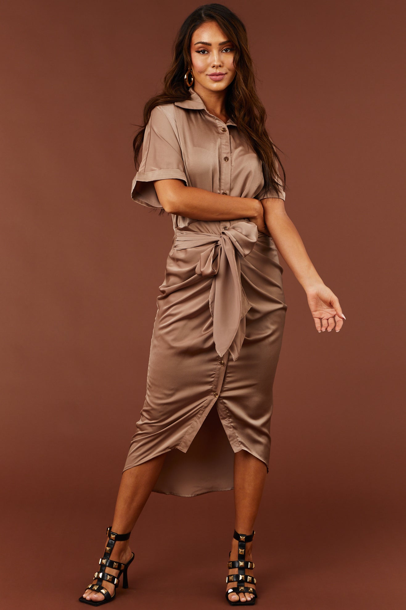 Latte Button Down Front Tie Satin Midi Dress-Newayad