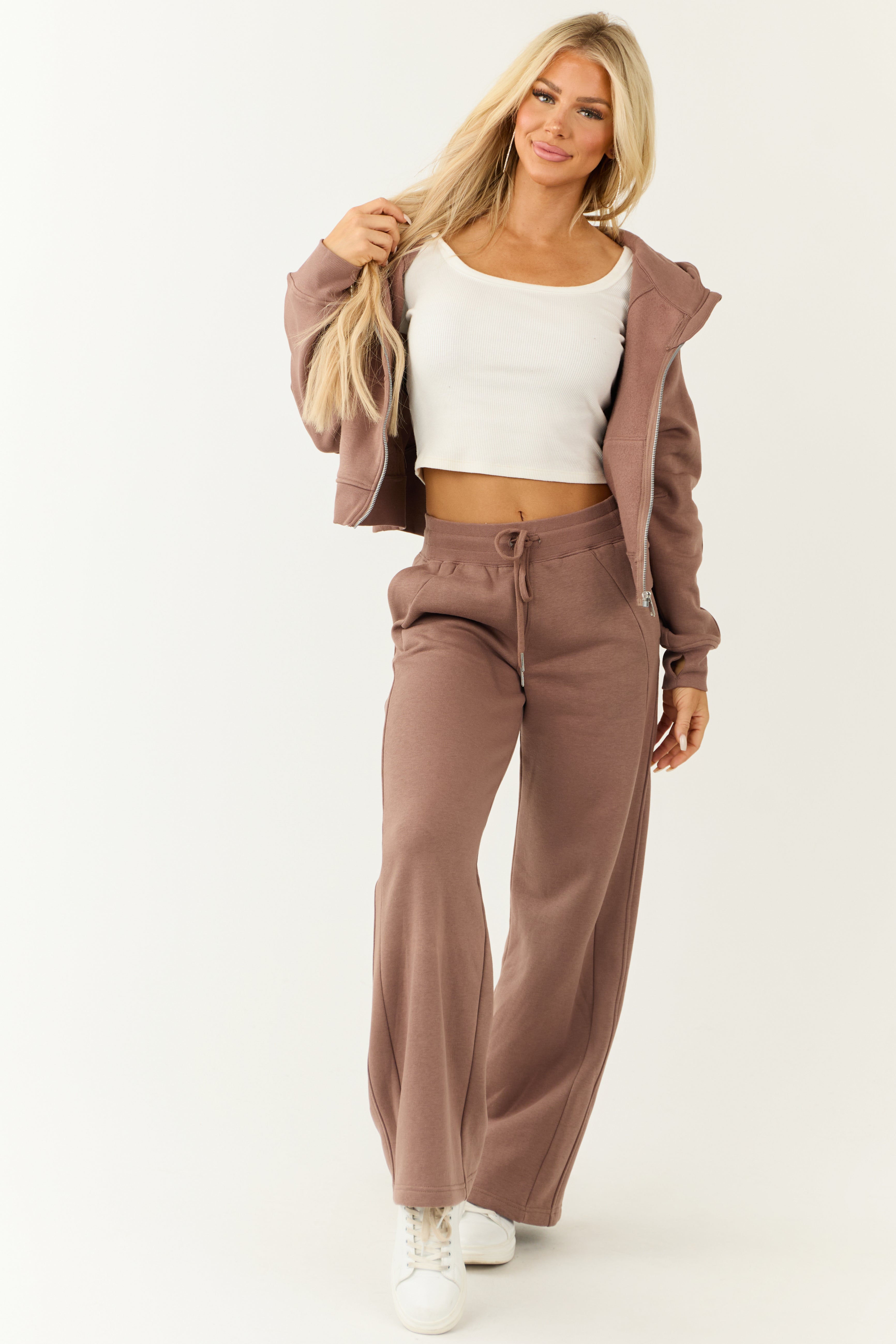 Coffee High Rise Wide Leg Sweatpants-Newayad