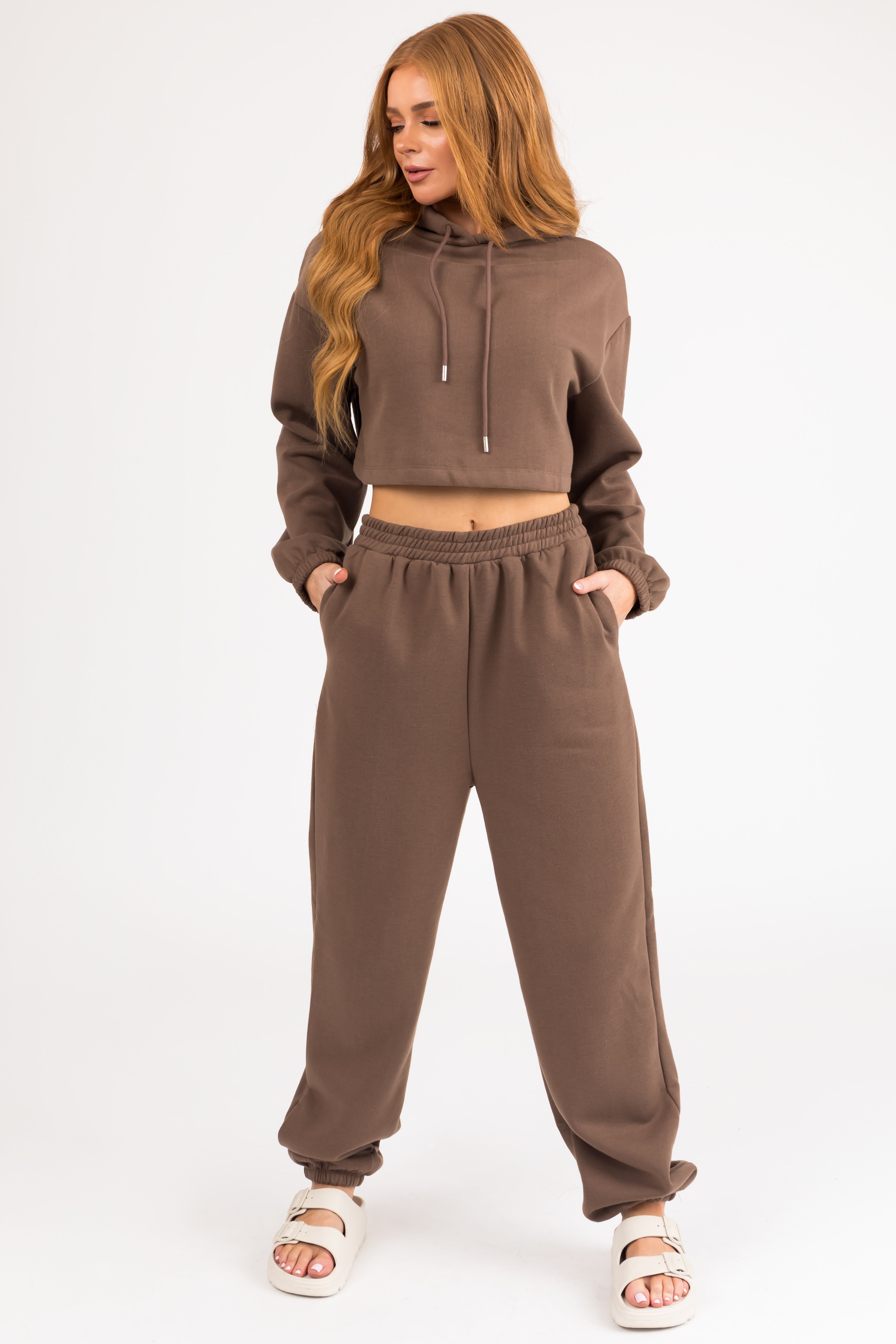Coffee Long Sleeve Crop Top and Jogger Set-Newayad