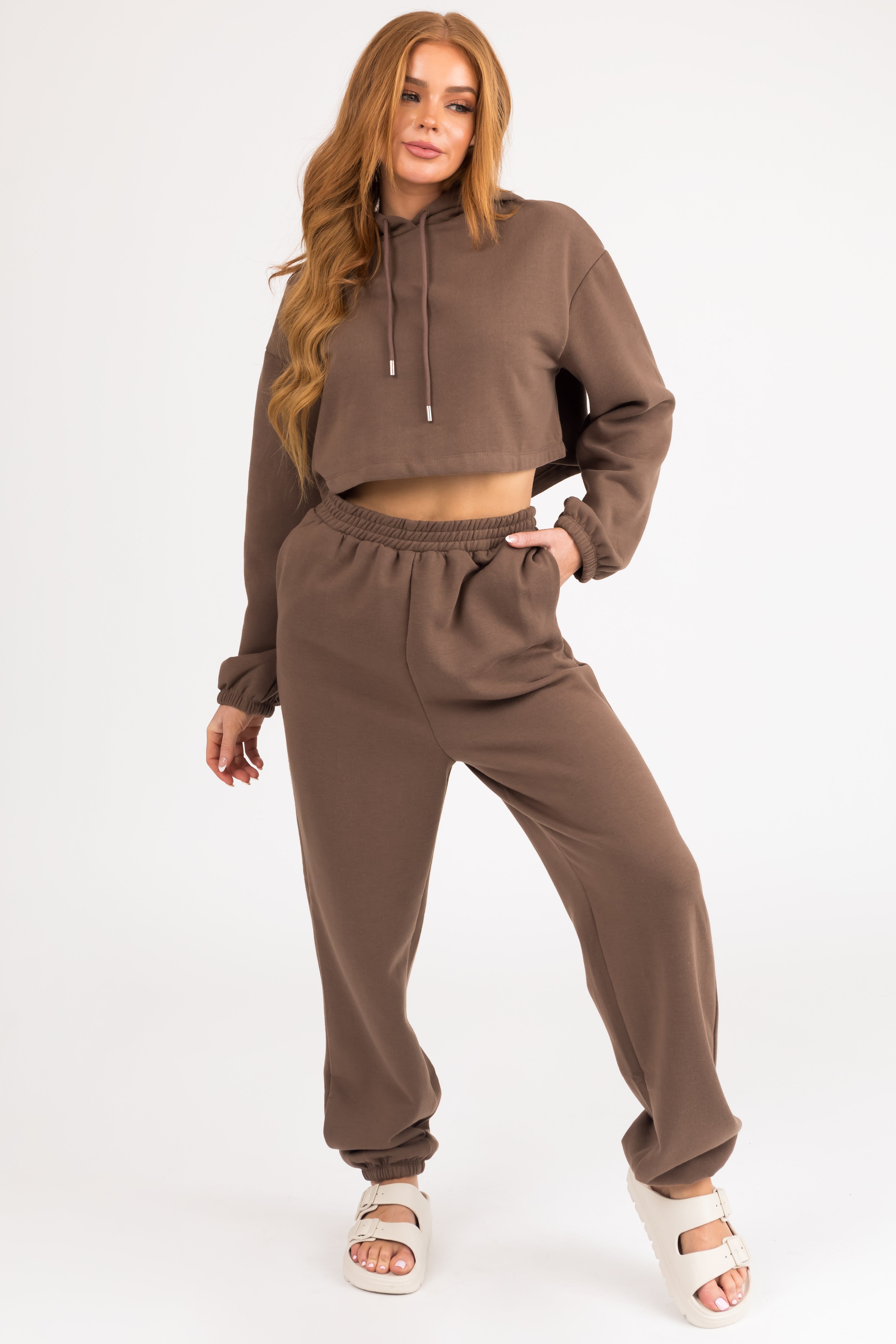 Coffee Long Sleeve Crop Top and Jogger Set-Newayad