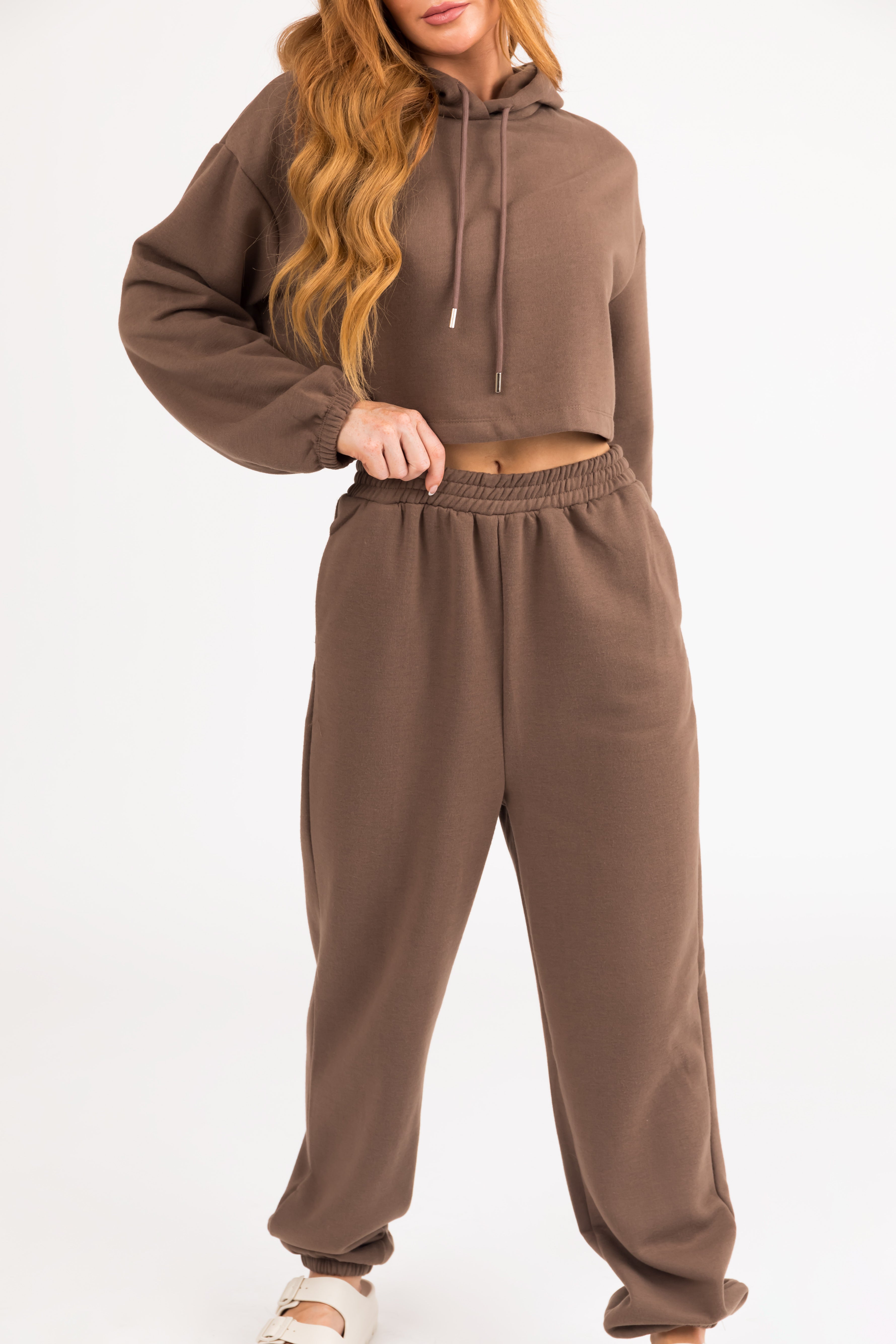 Coffee Long Sleeve Crop Top and Jogger Set-Newayad