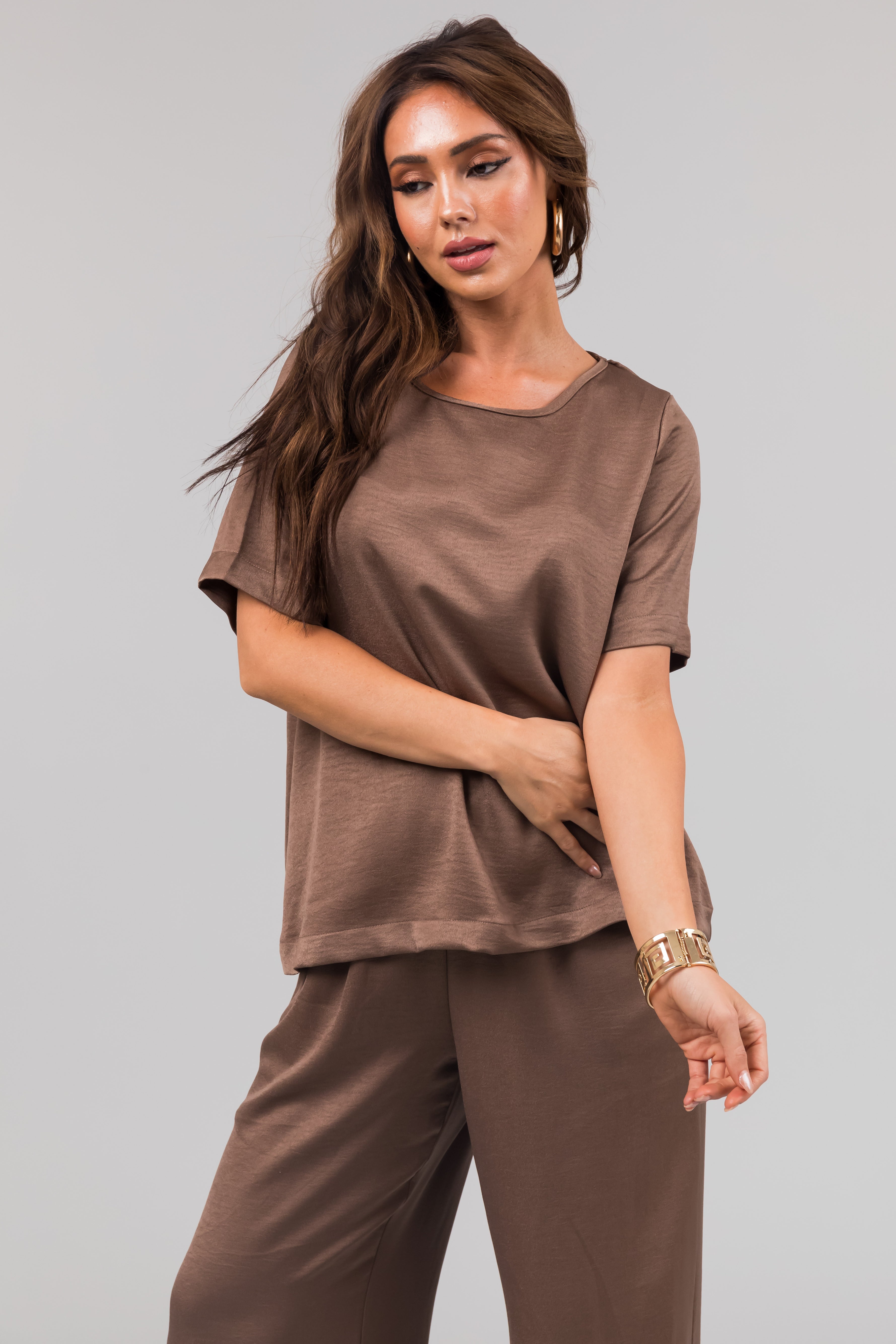 Coffee Satin Blouse and Wide Leg Pants Set-Newayad