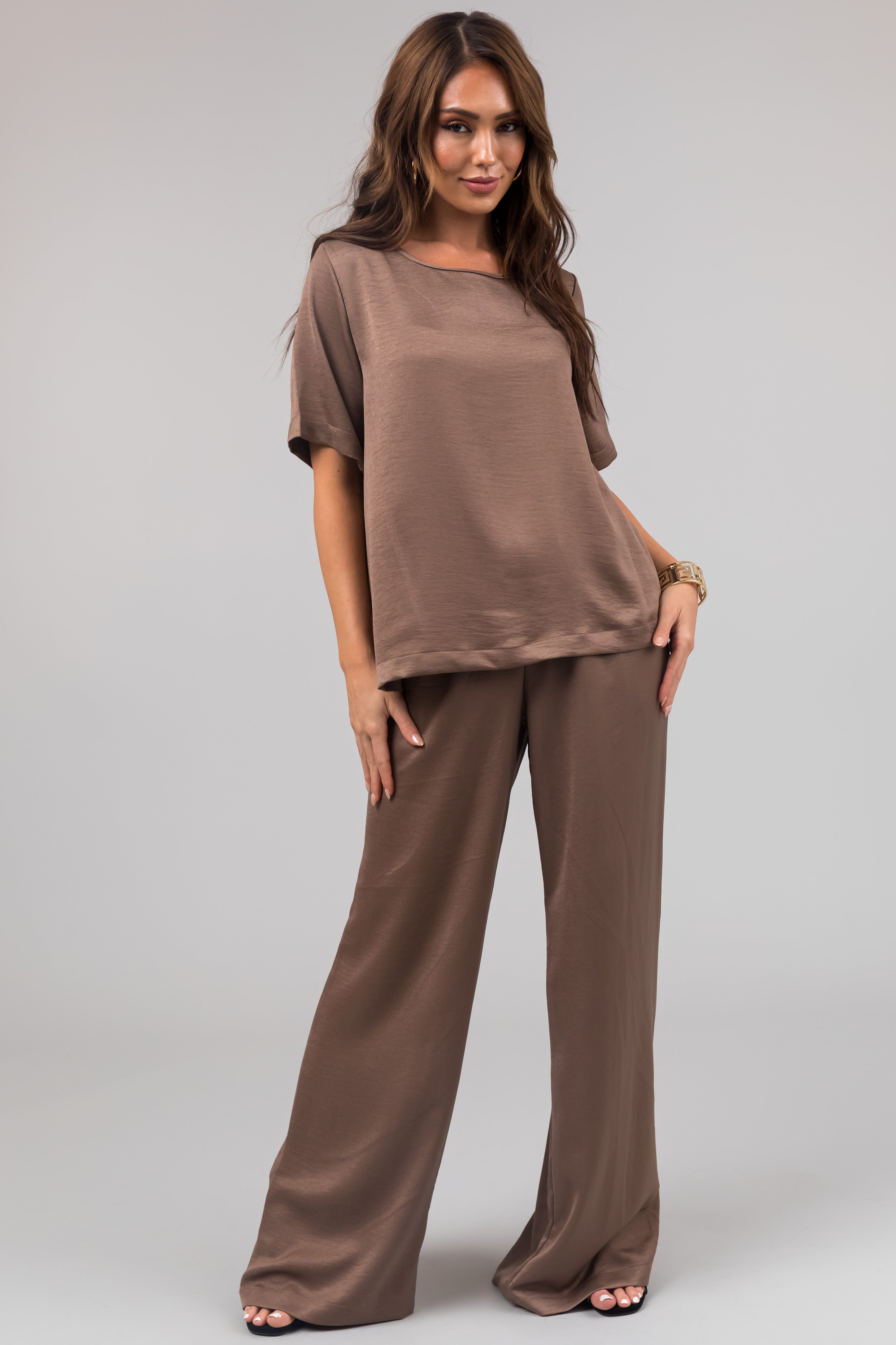 Coffee Satin Blouse and Wide Leg Pants Set-Newayad