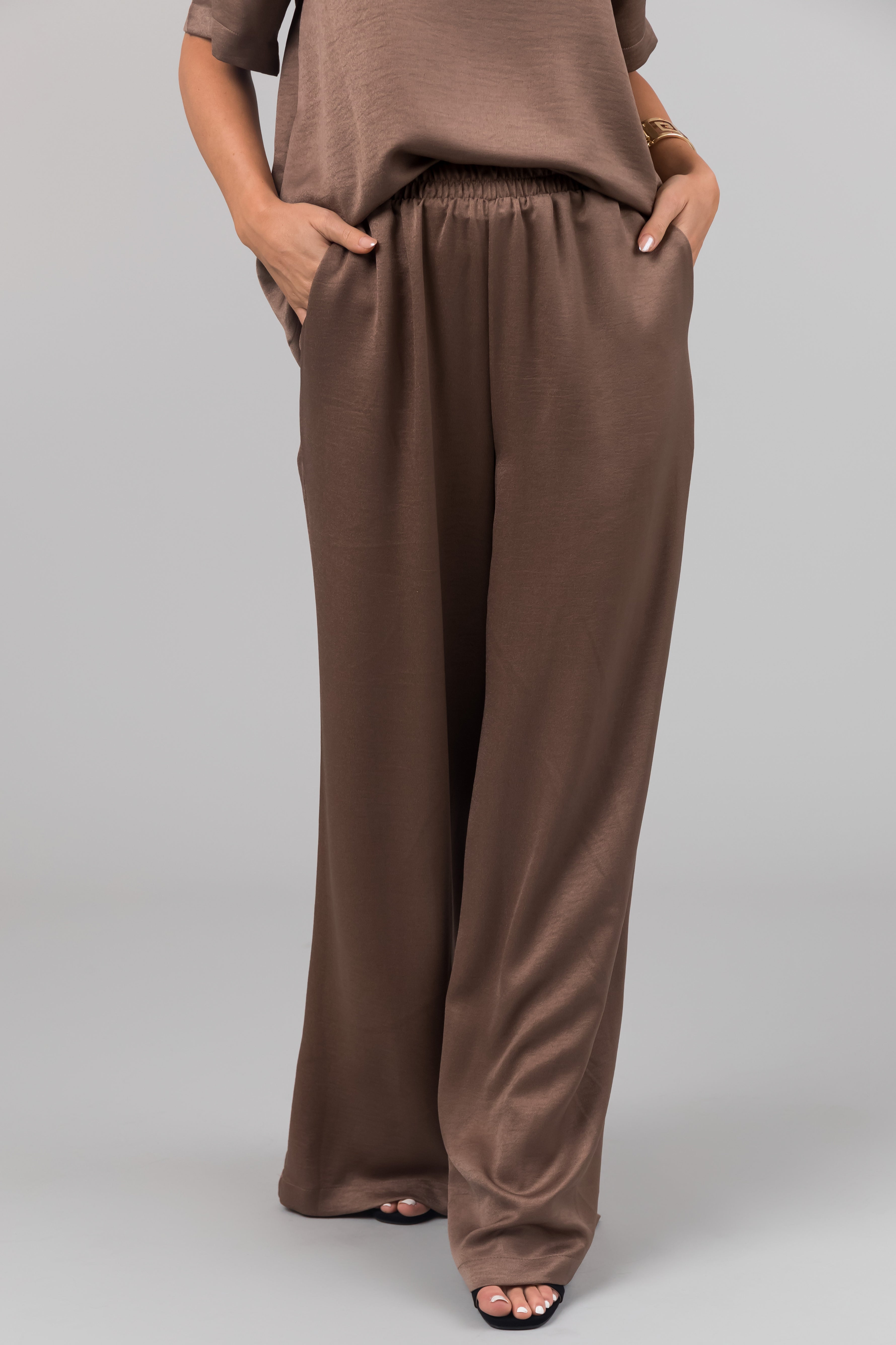 Coffee Satin Blouse and Wide Leg Pants Set-Newayad