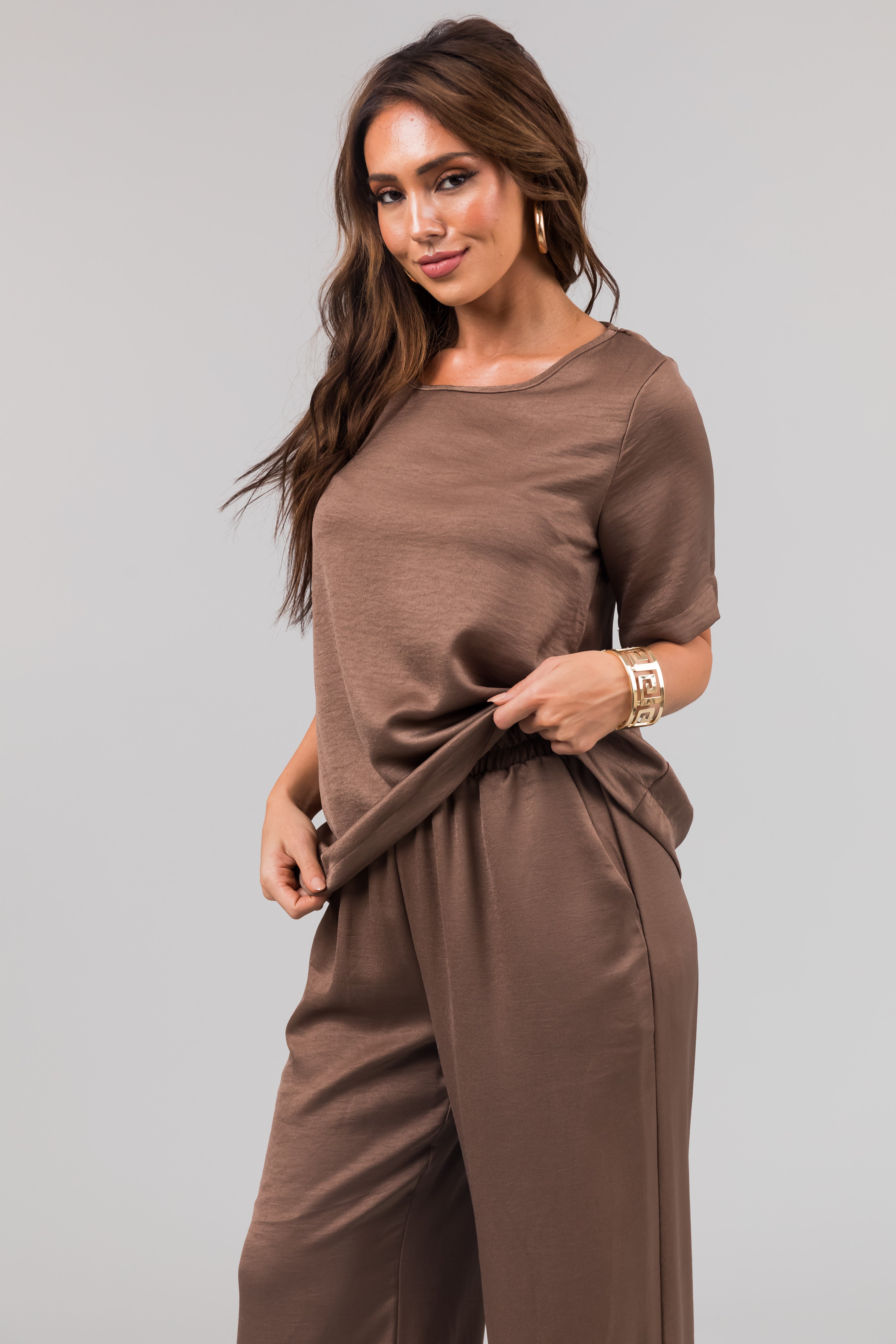 Coffee Satin Blouse and Wide Leg Pants Set-Newayad