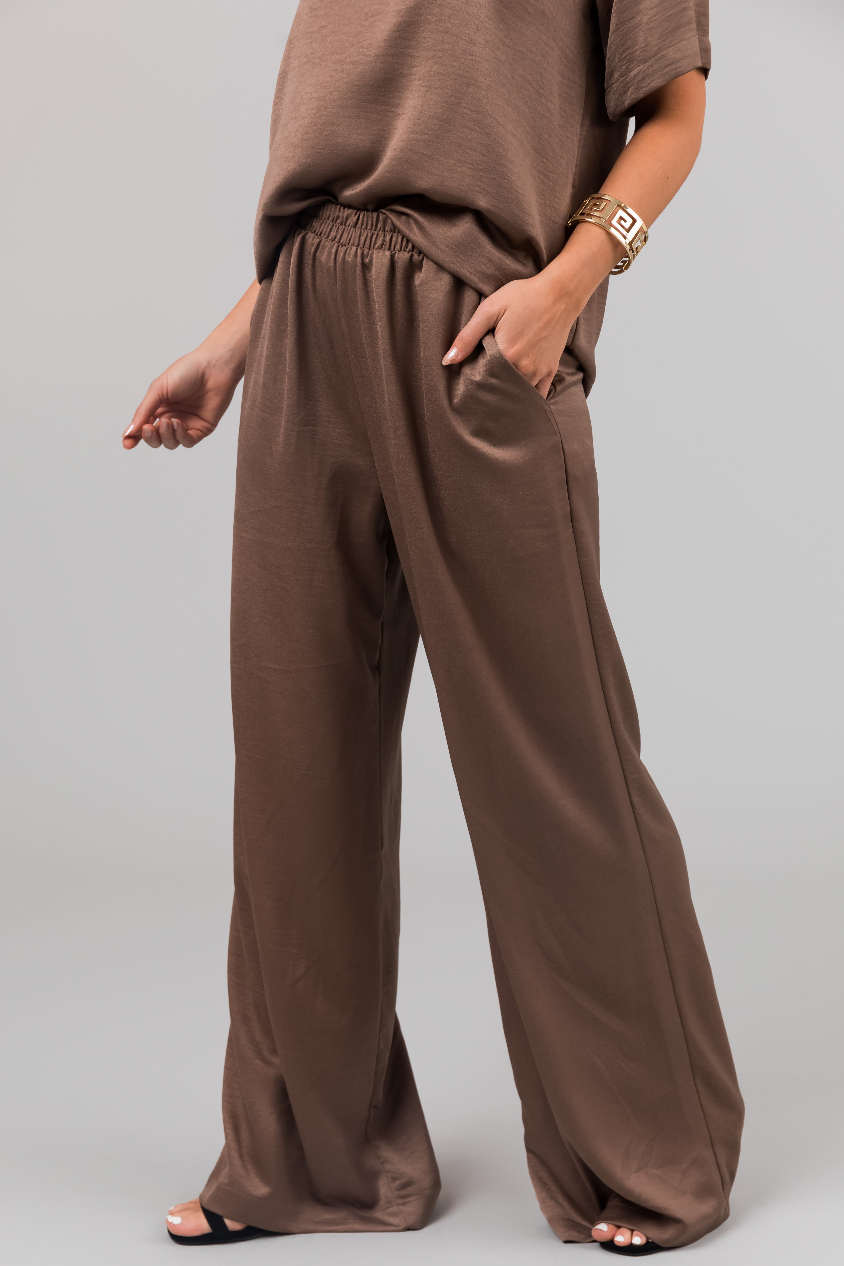 Coffee Satin Blouse and Wide Leg Pants Set-Newayad