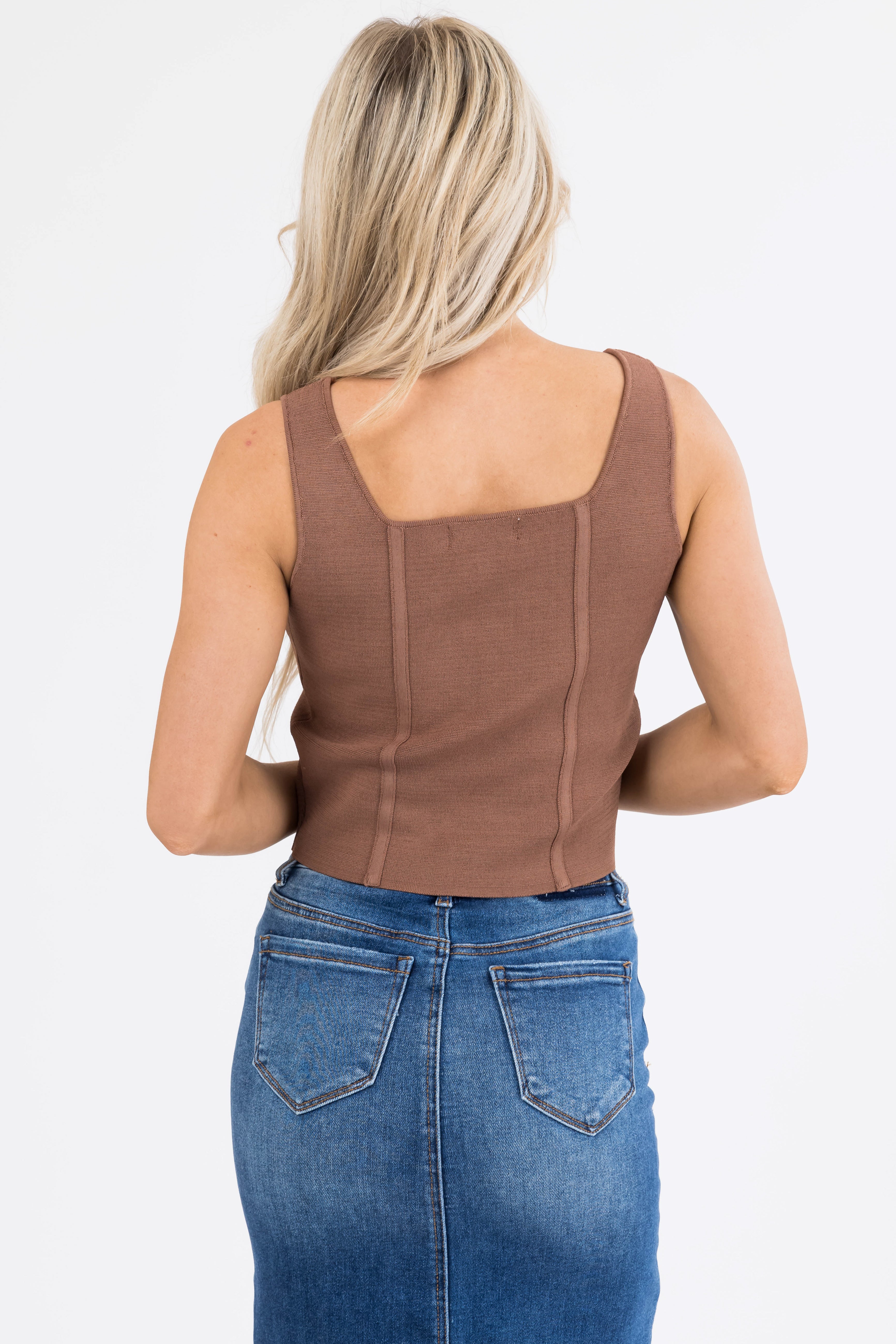Coffee Square Neck Thick Sleeveless Crop Top-Newayad