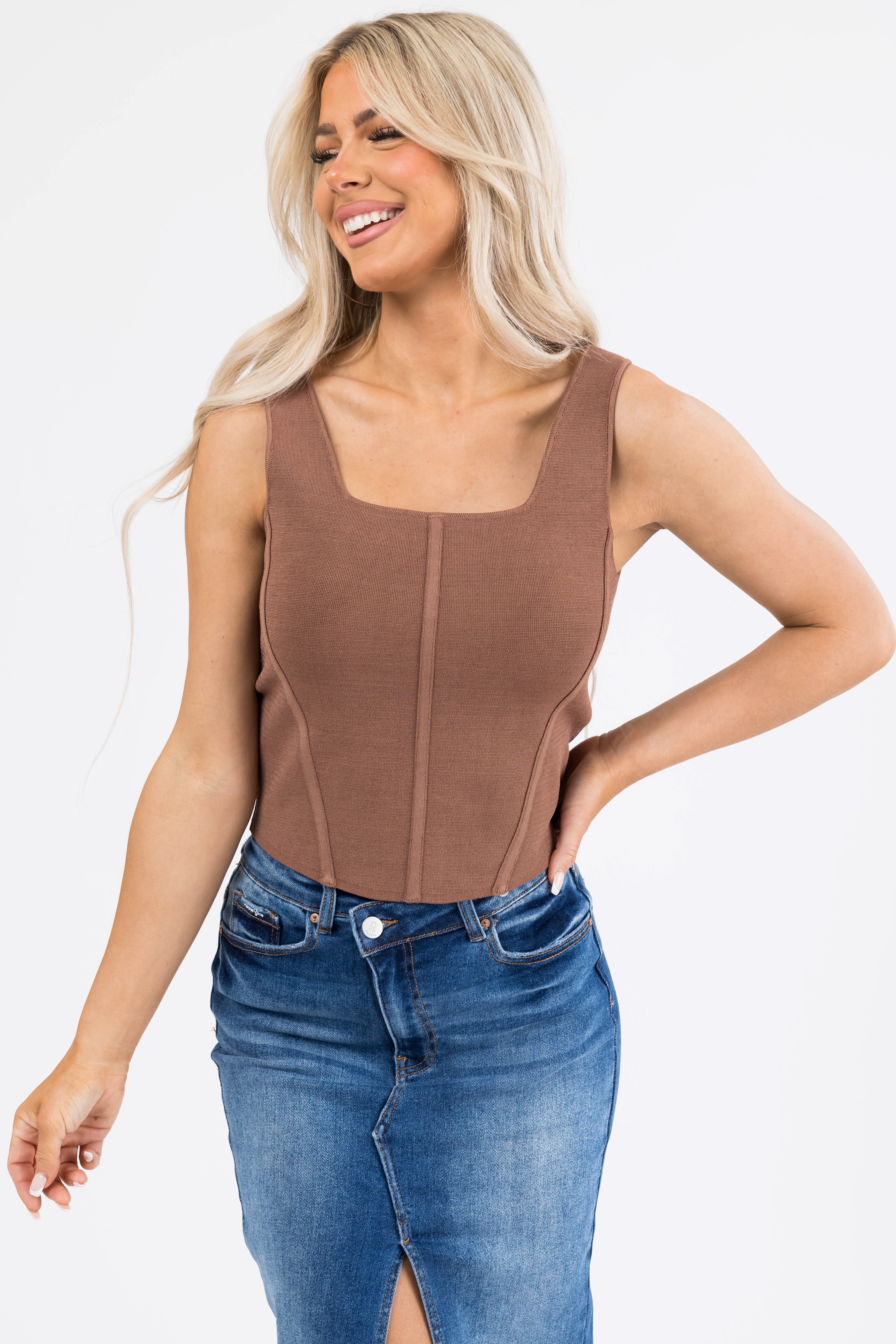 Coffee Square Neck Thick Sleeveless Crop Top-Newayad