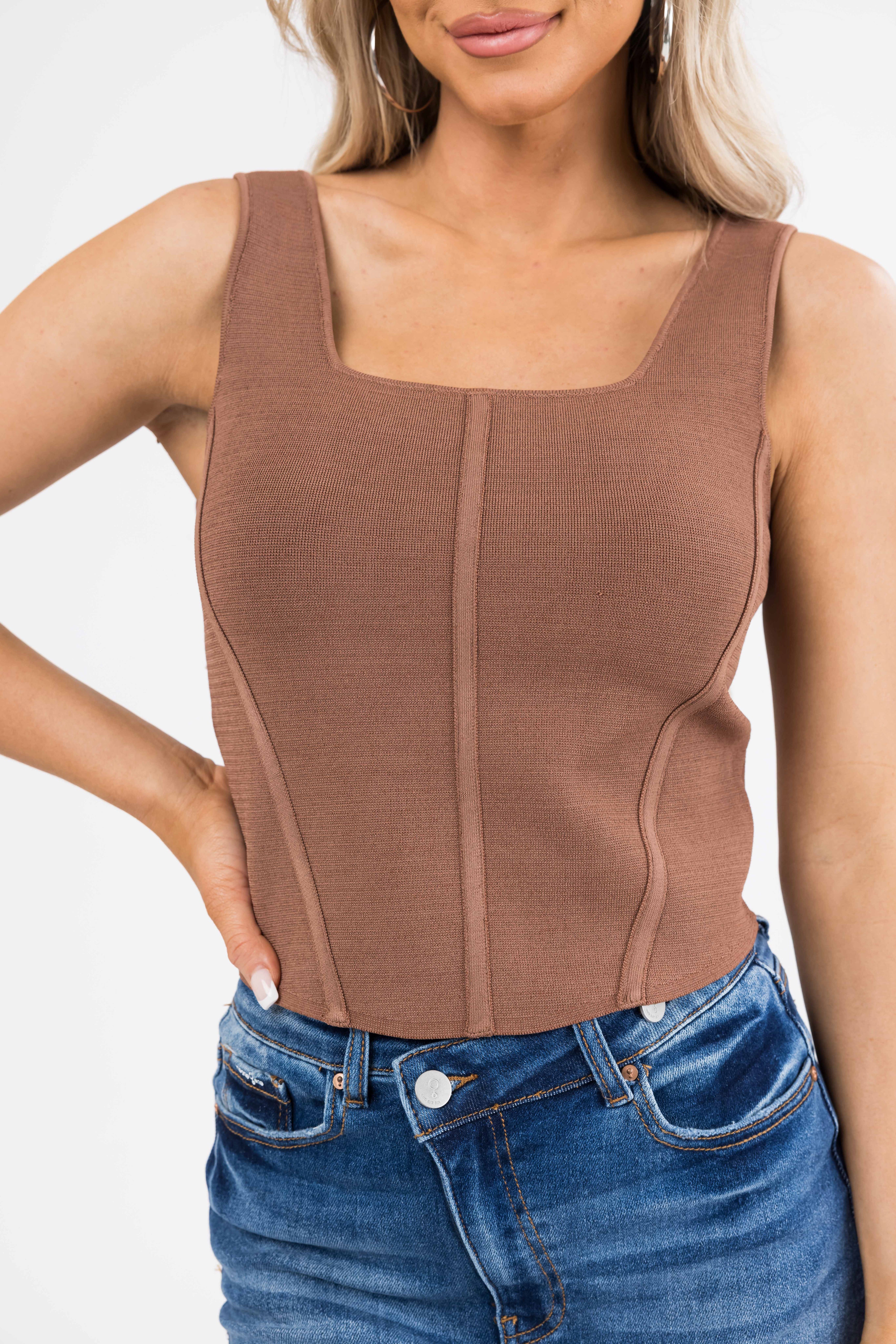 Coffee Square Neck Thick Sleeveless Crop Top-Newayad
