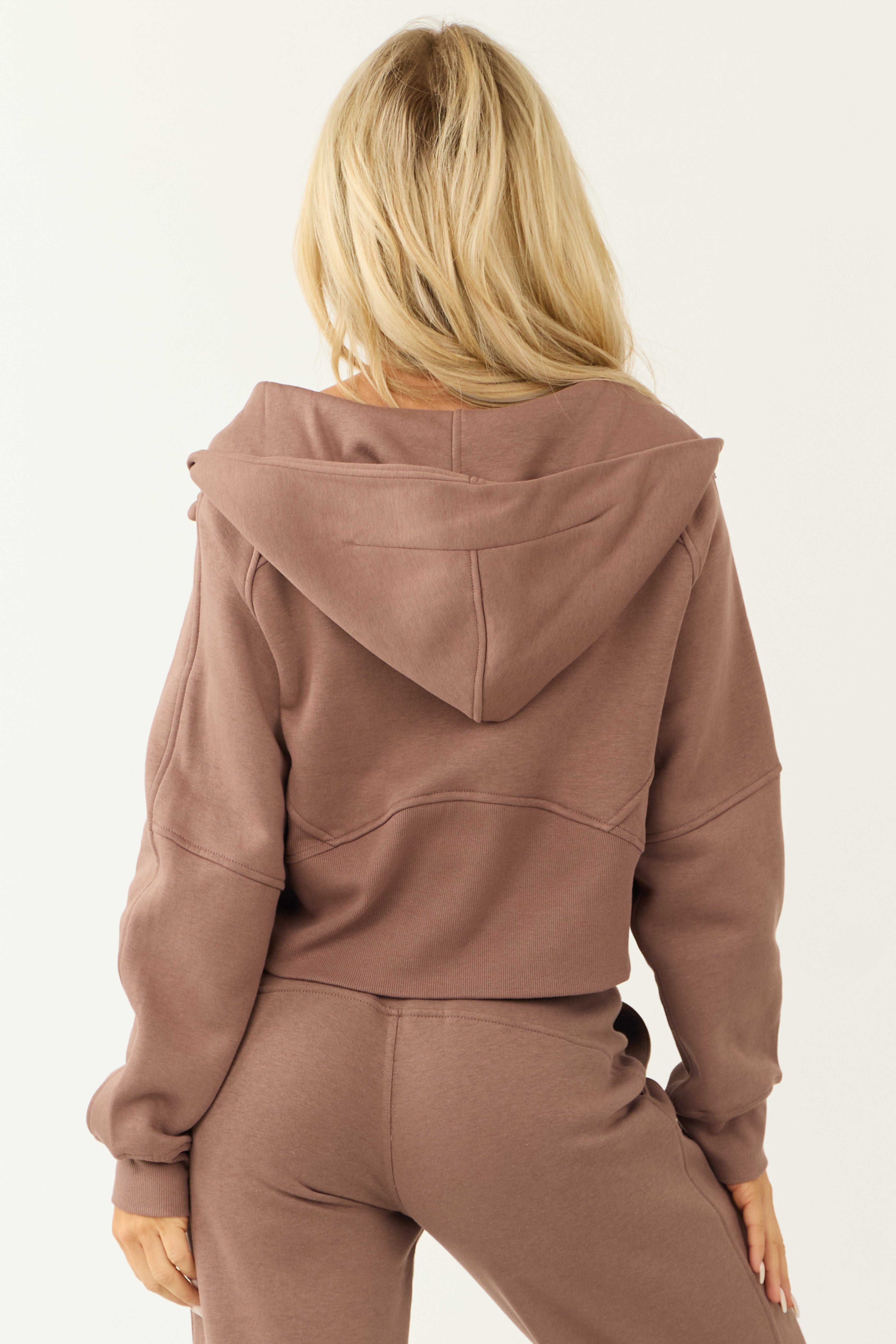 Coffee Zip Up Front Knit Hoodie with Thumbholes-Newayad