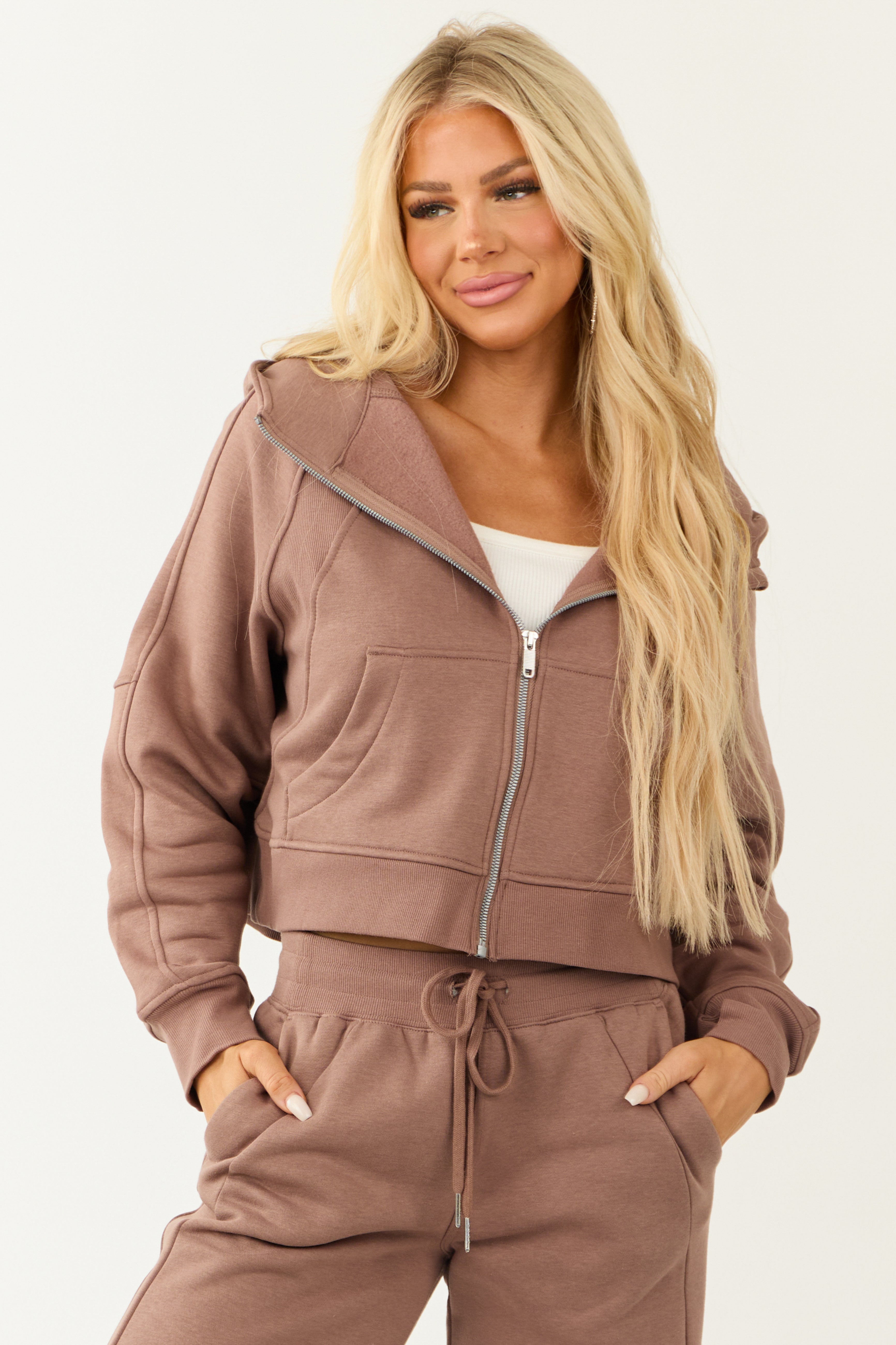 Coffee Zip Up Front Knit Hoodie with Thumbholes-Newayad