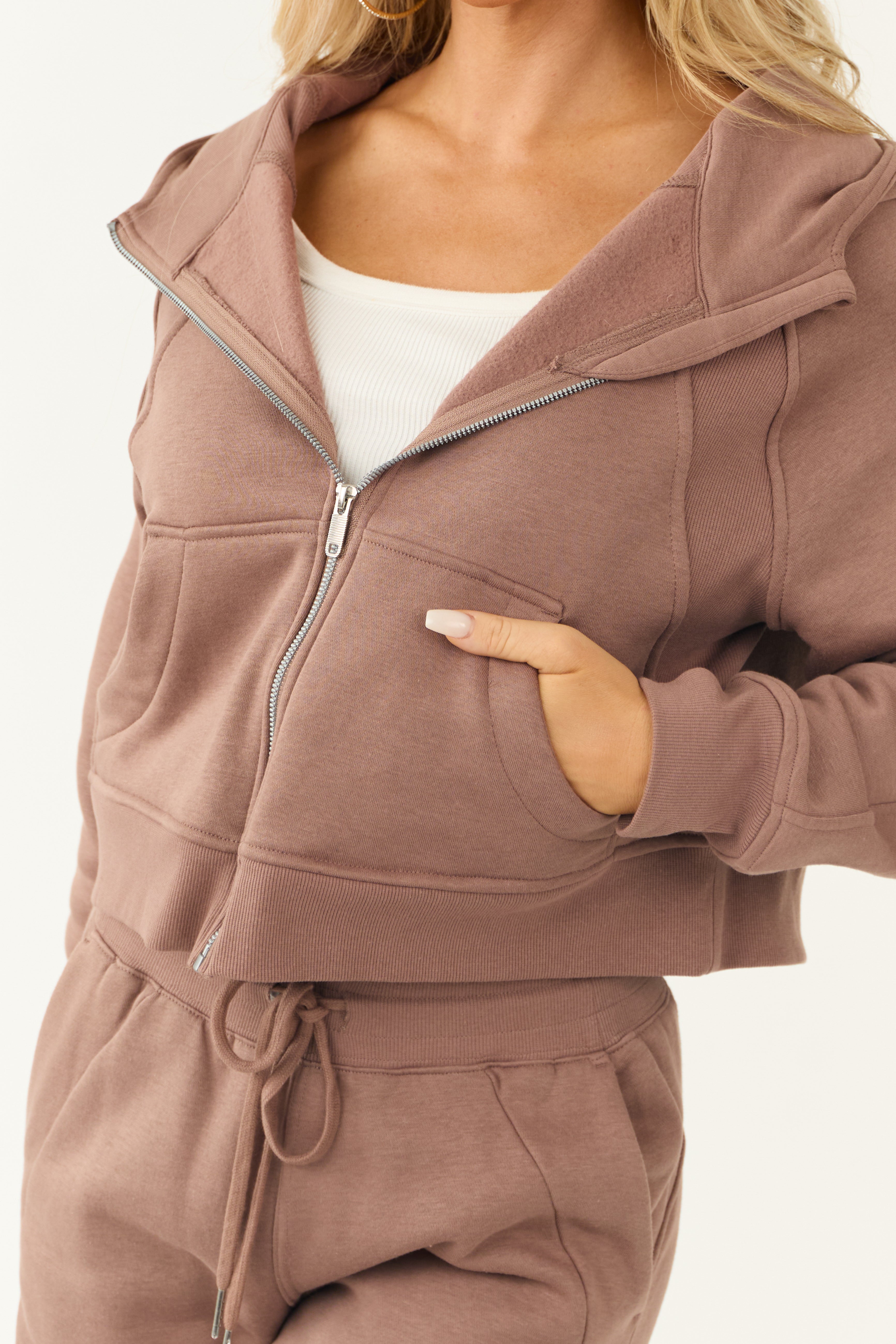 Coffee Zip Up Front Knit Hoodie with Thumbholes-Newayad