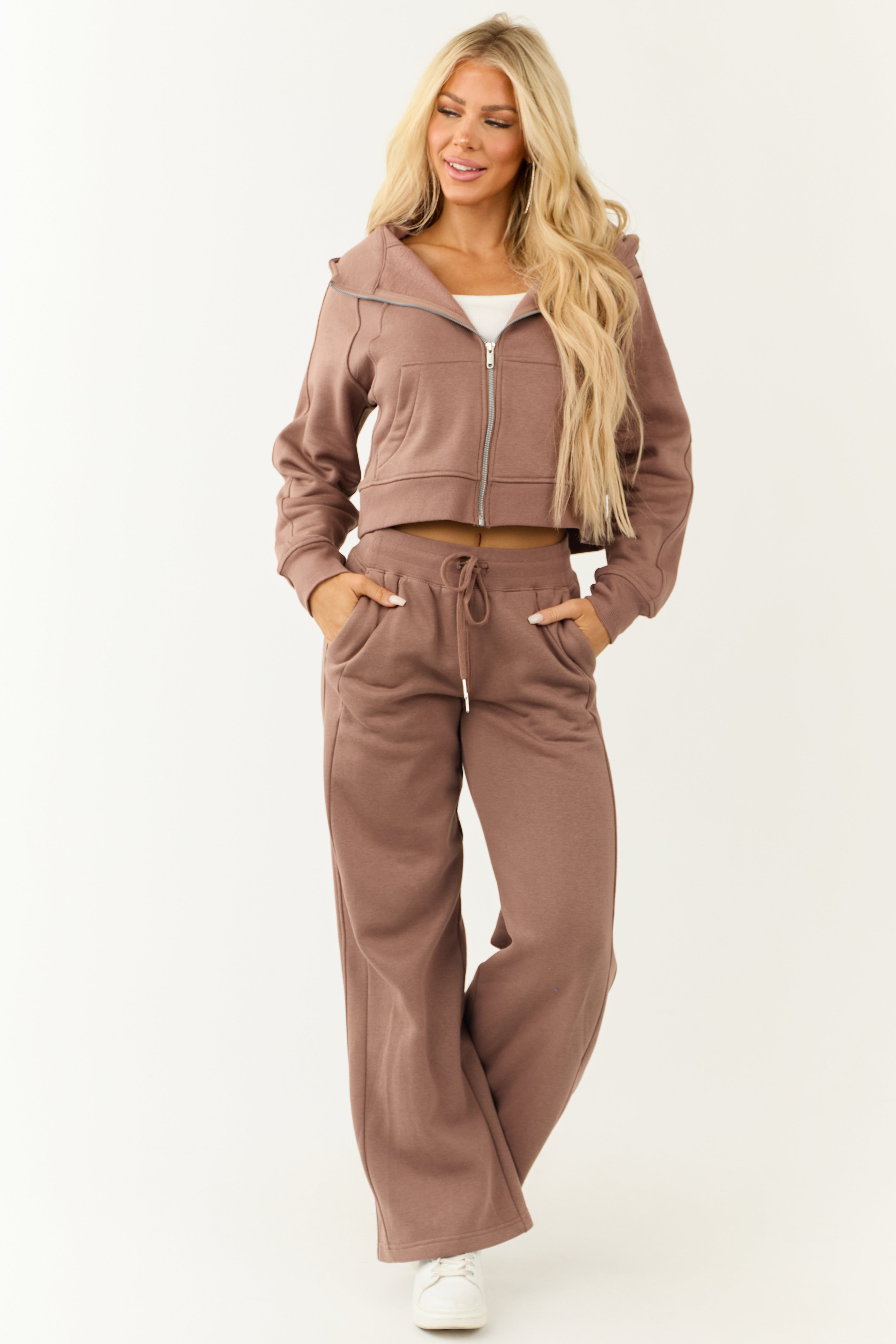 Coffee Zip Up Front Knit Hoodie with Thumbholes-Newayad