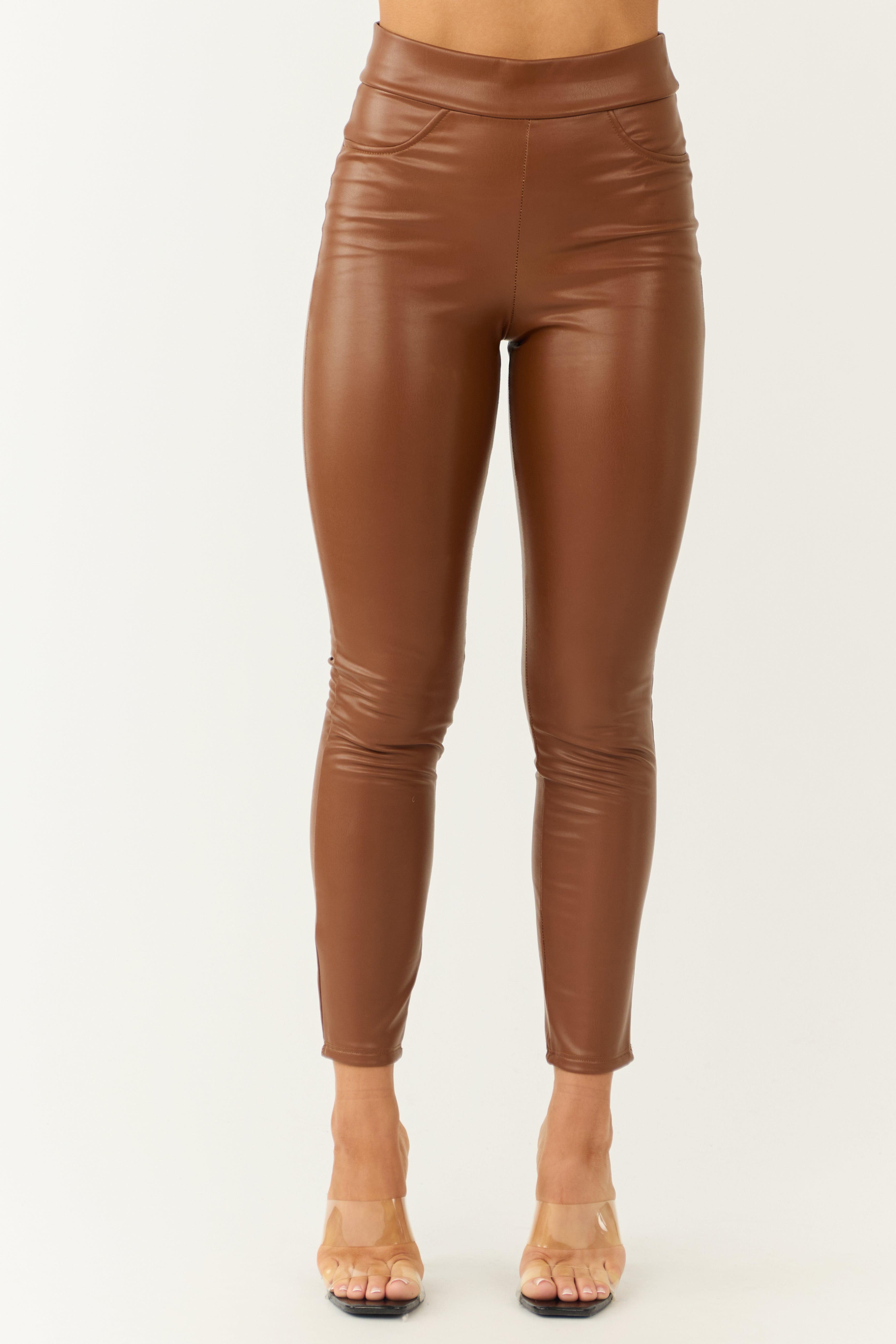 Cognac Faux Leather Fleece Lined Leggings-Newayad