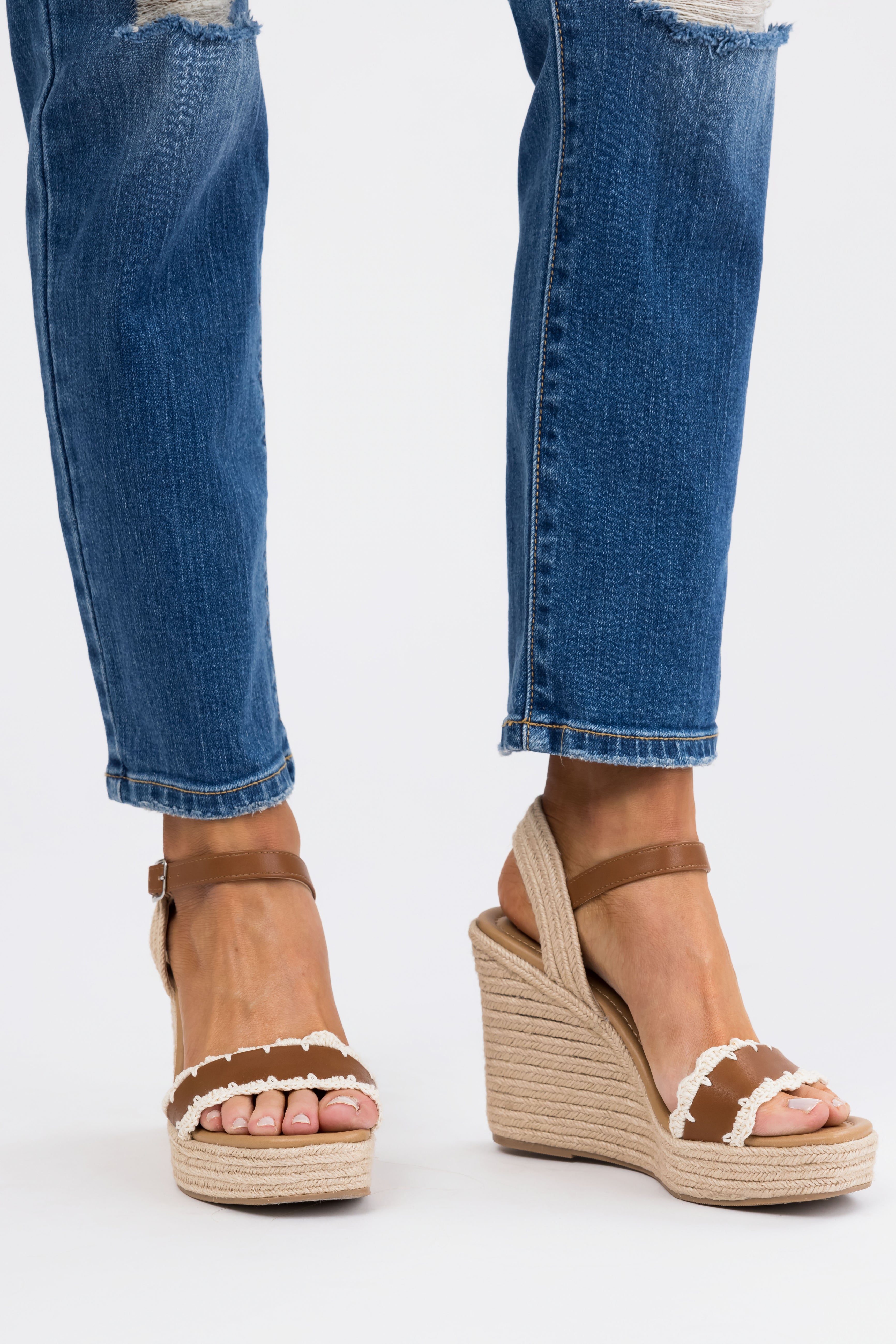 Cognac Crochet Trim Strap Espadrille Wedges-Newayad