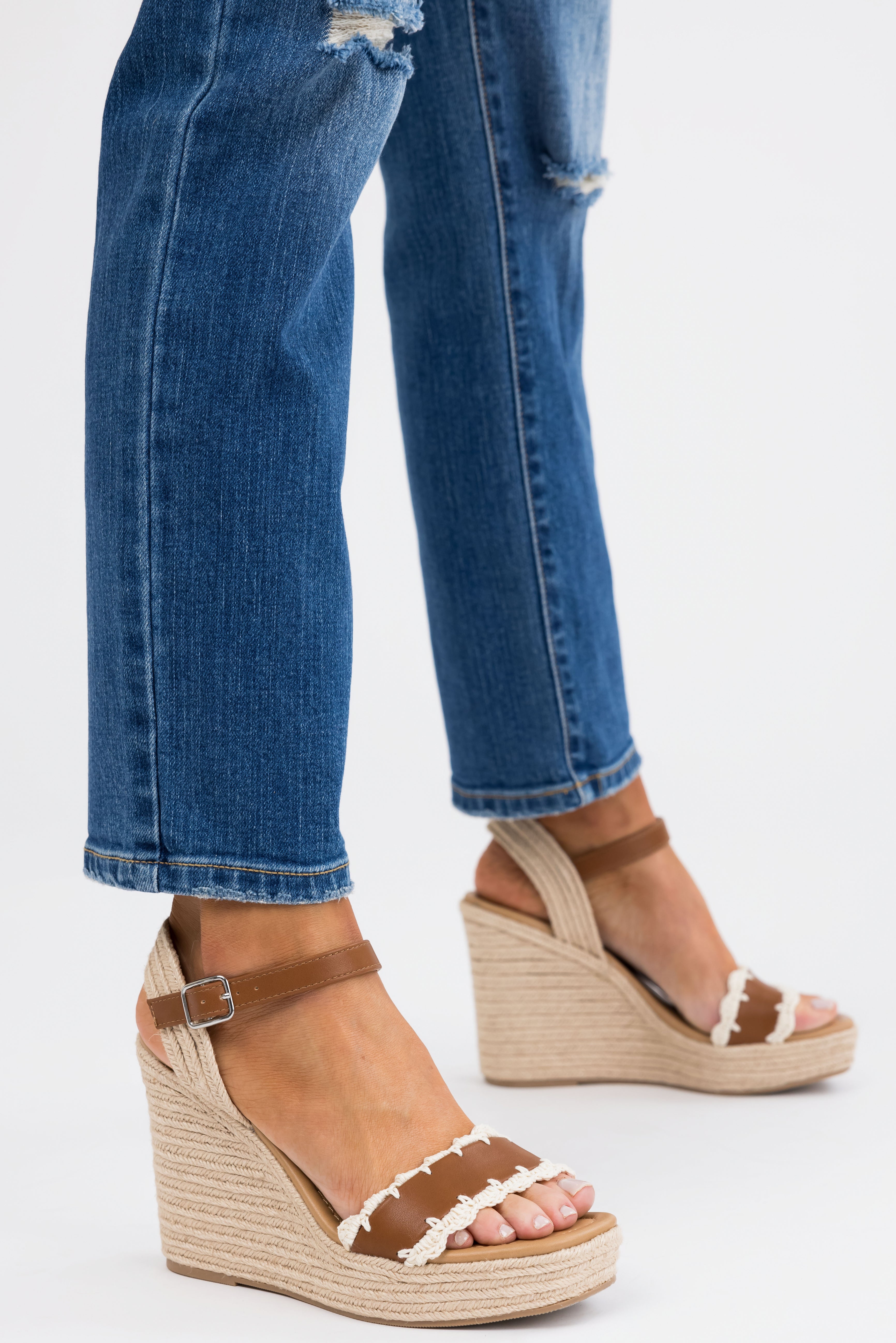 Cognac Crochet Trim Strap Espadrille Wedges-Newayad