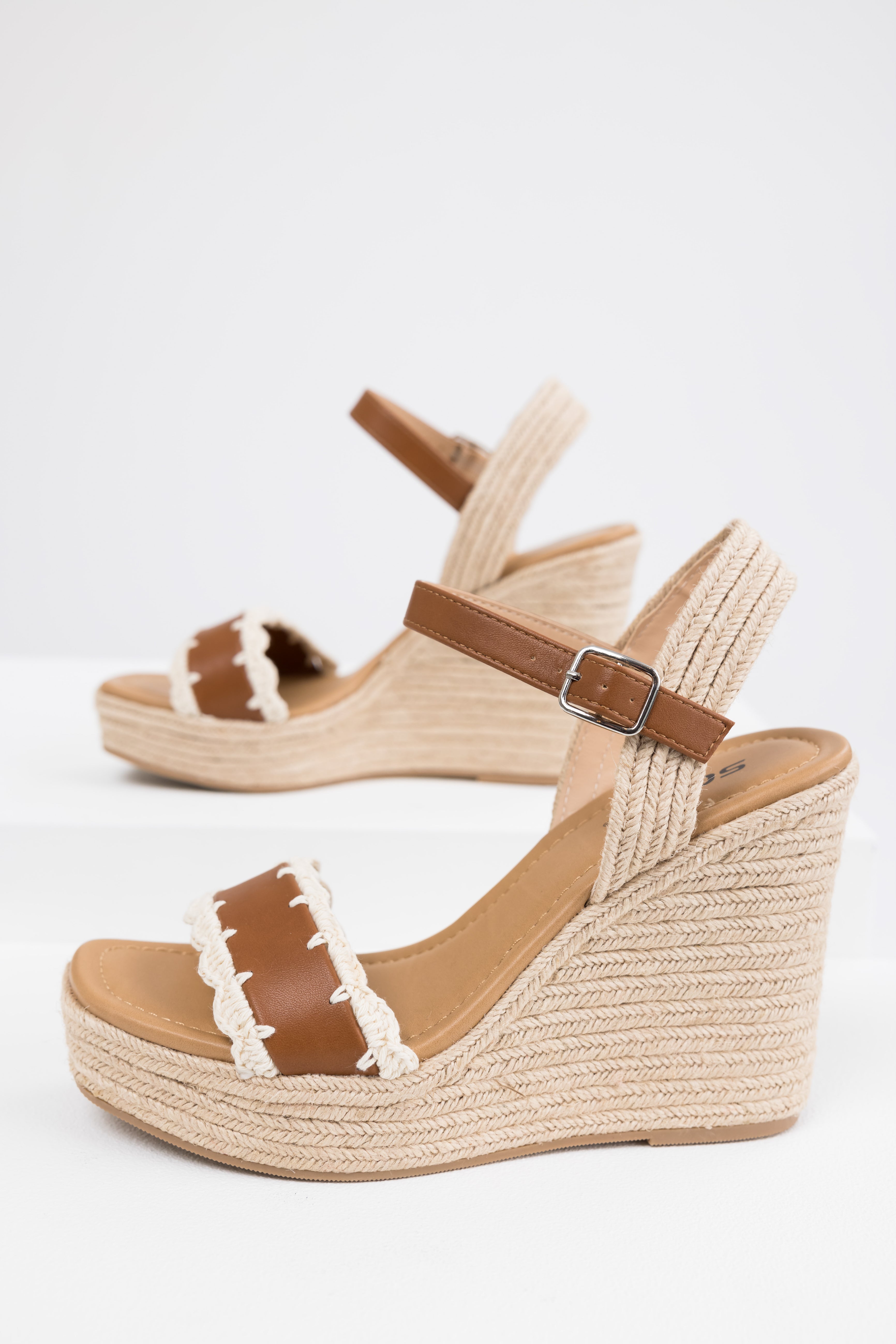 Cognac Crochet Trim Strap Espadrille Wedges-Newayad