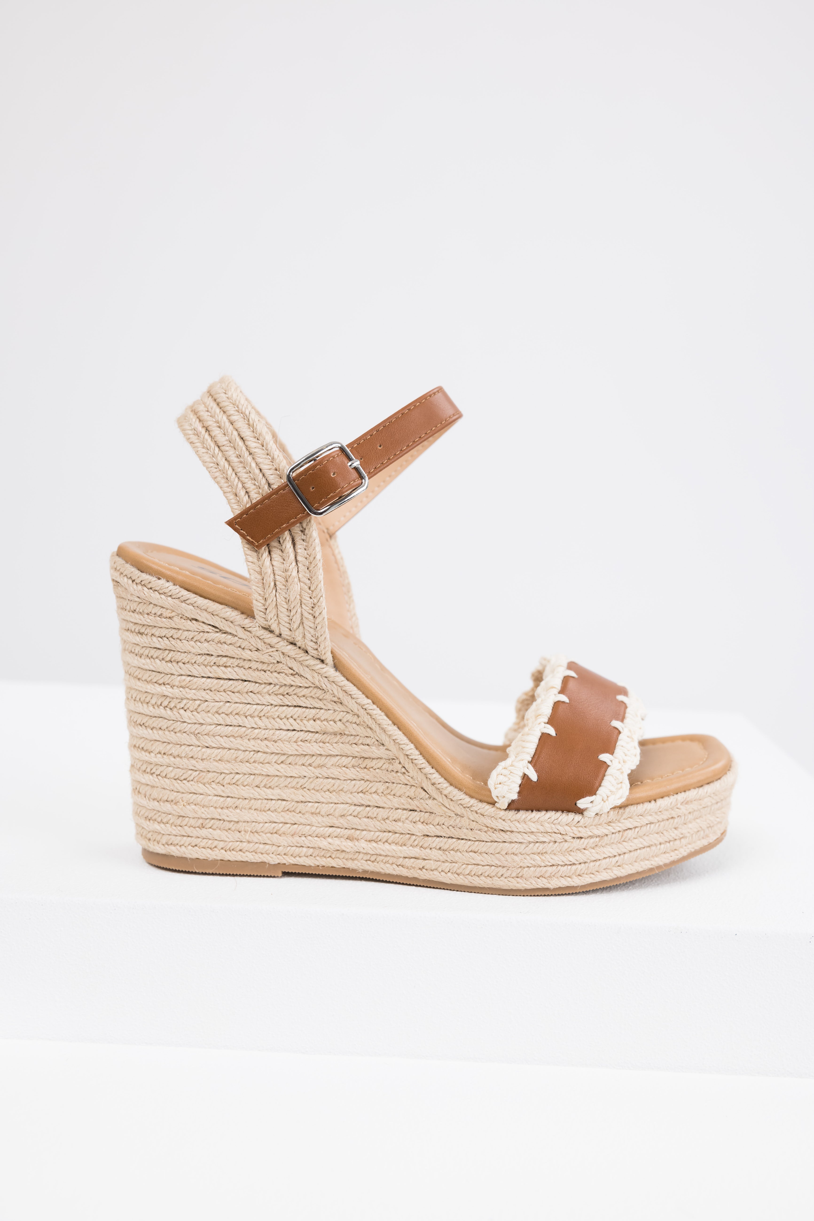 Cognac Crochet Trim Strap Espadrille Wedges-Newayad