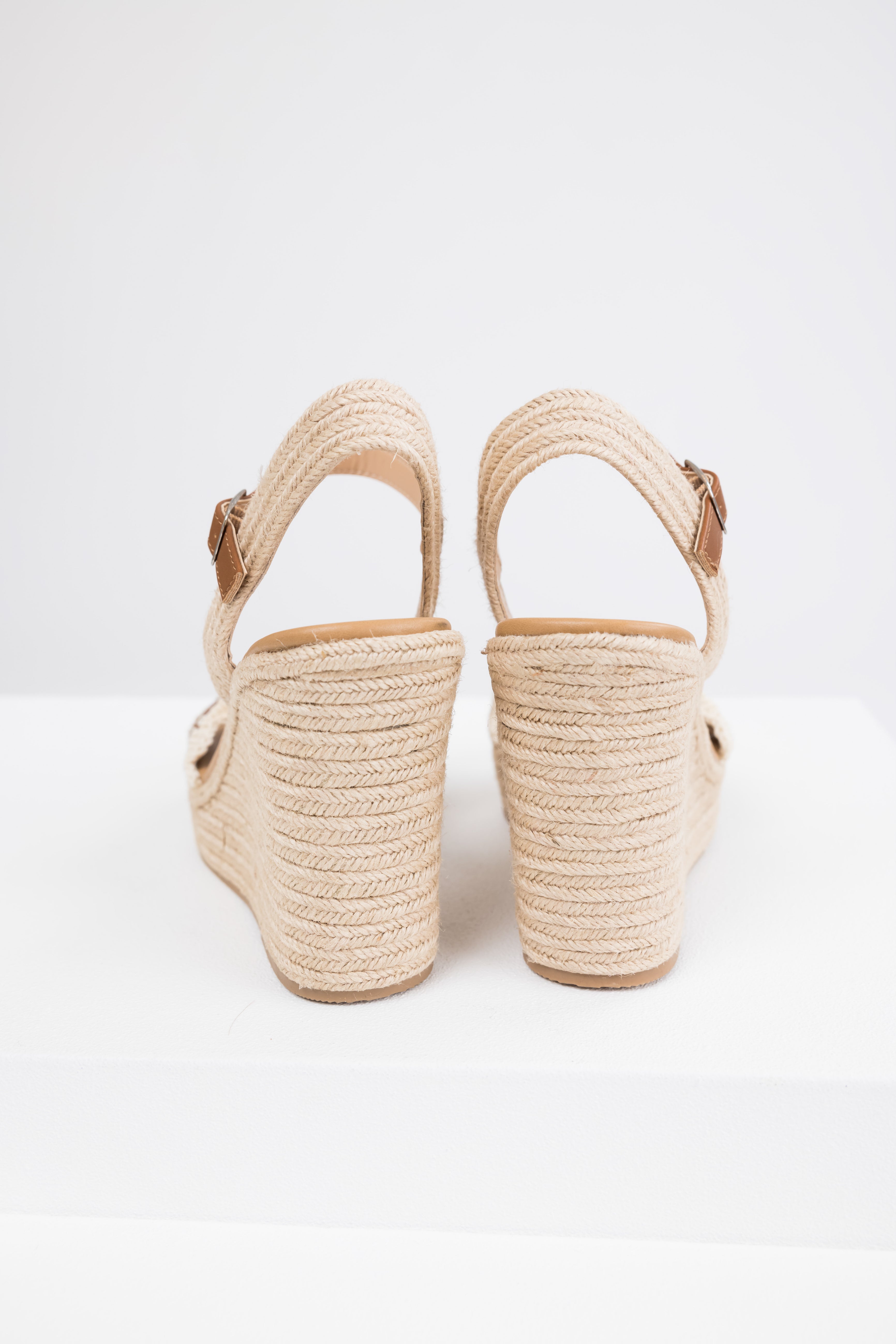 Cognac Crochet Trim Strap Espadrille Wedges-Newayad