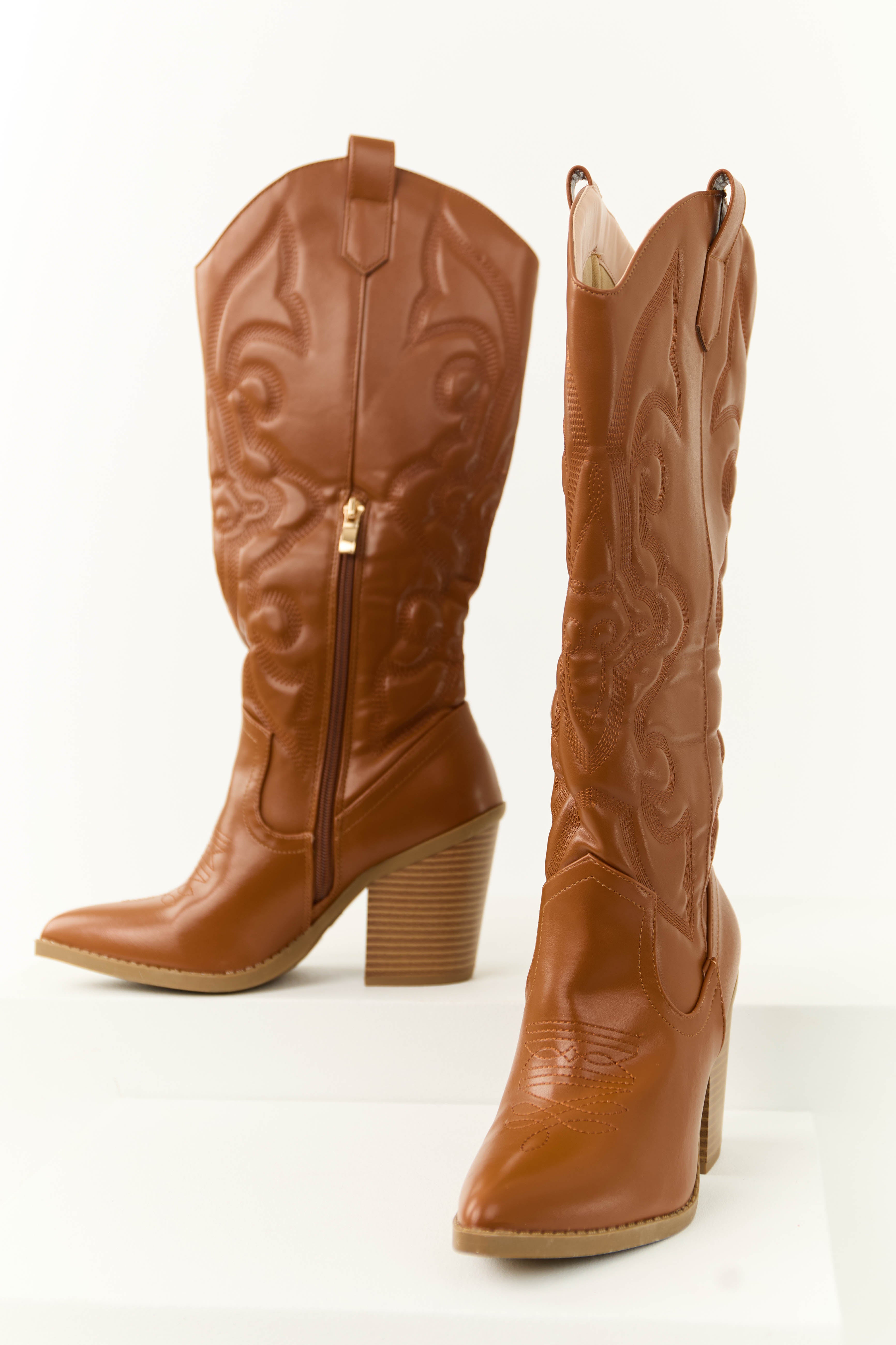 Cognac Faux Leather Embroidered Western Boots-Newayad