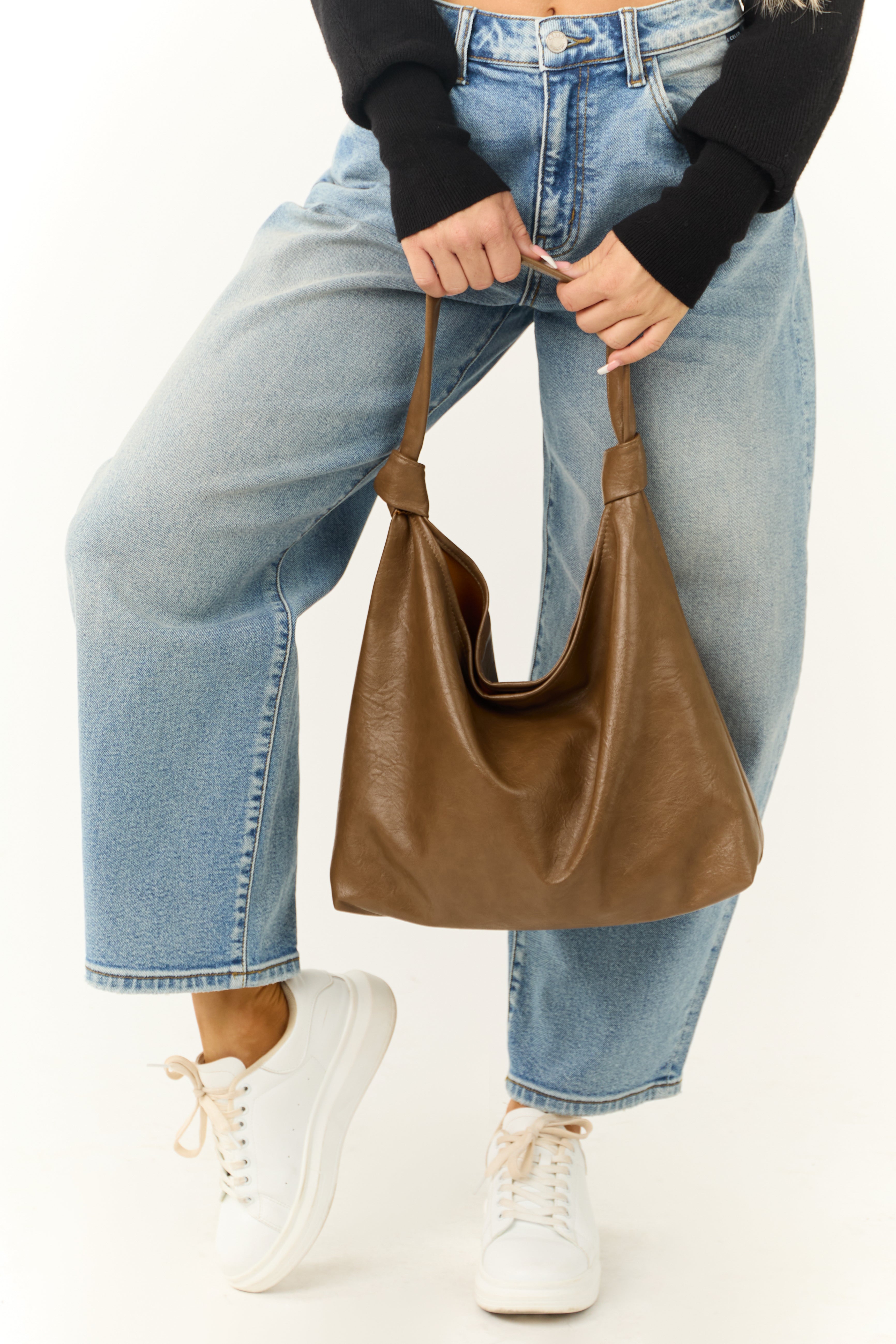 Cognac Faux Leather Hobo Bag with Inside Coin Purse-Newayad