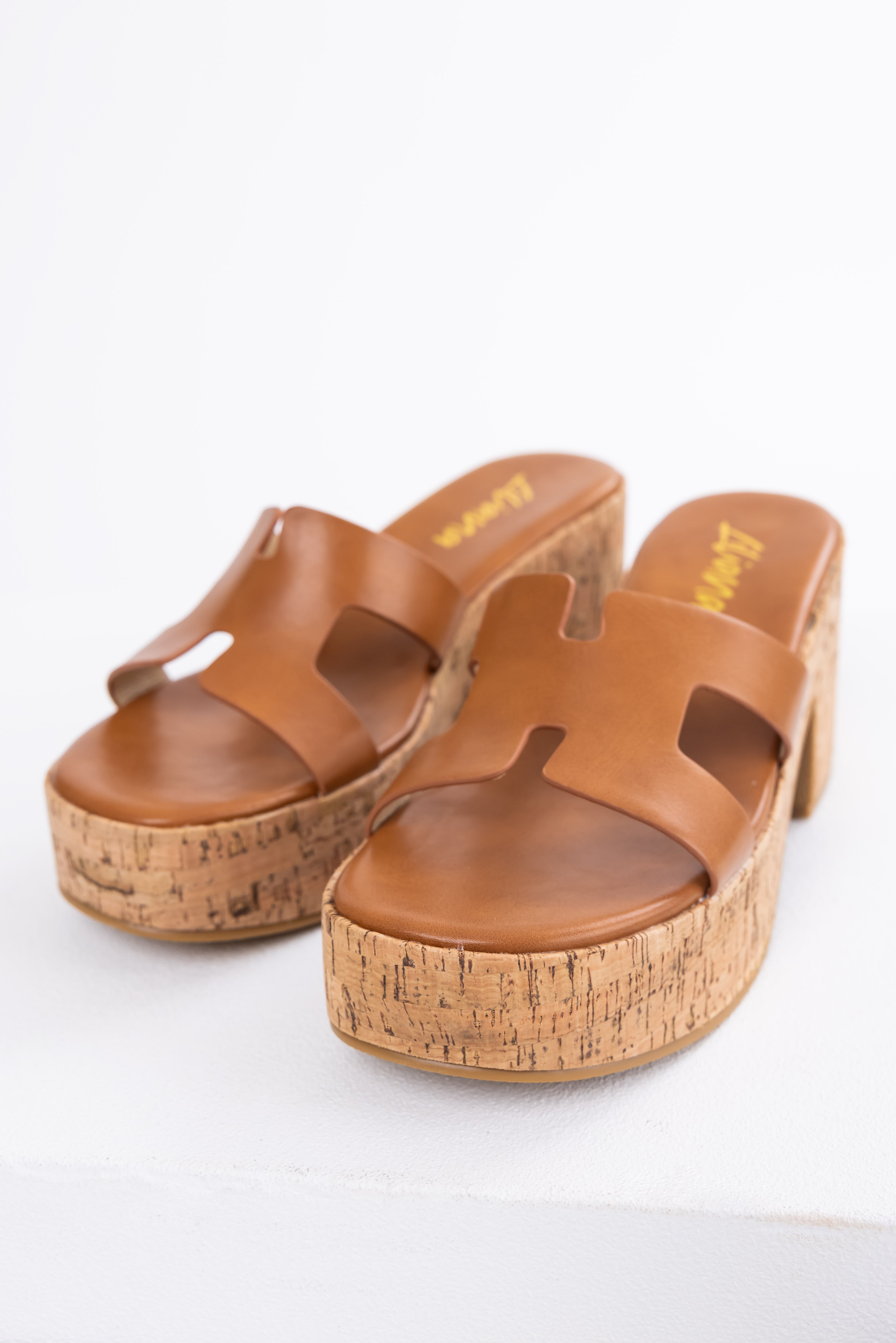 Cognac Geometric Strap Cork Platform Heels-Newayad