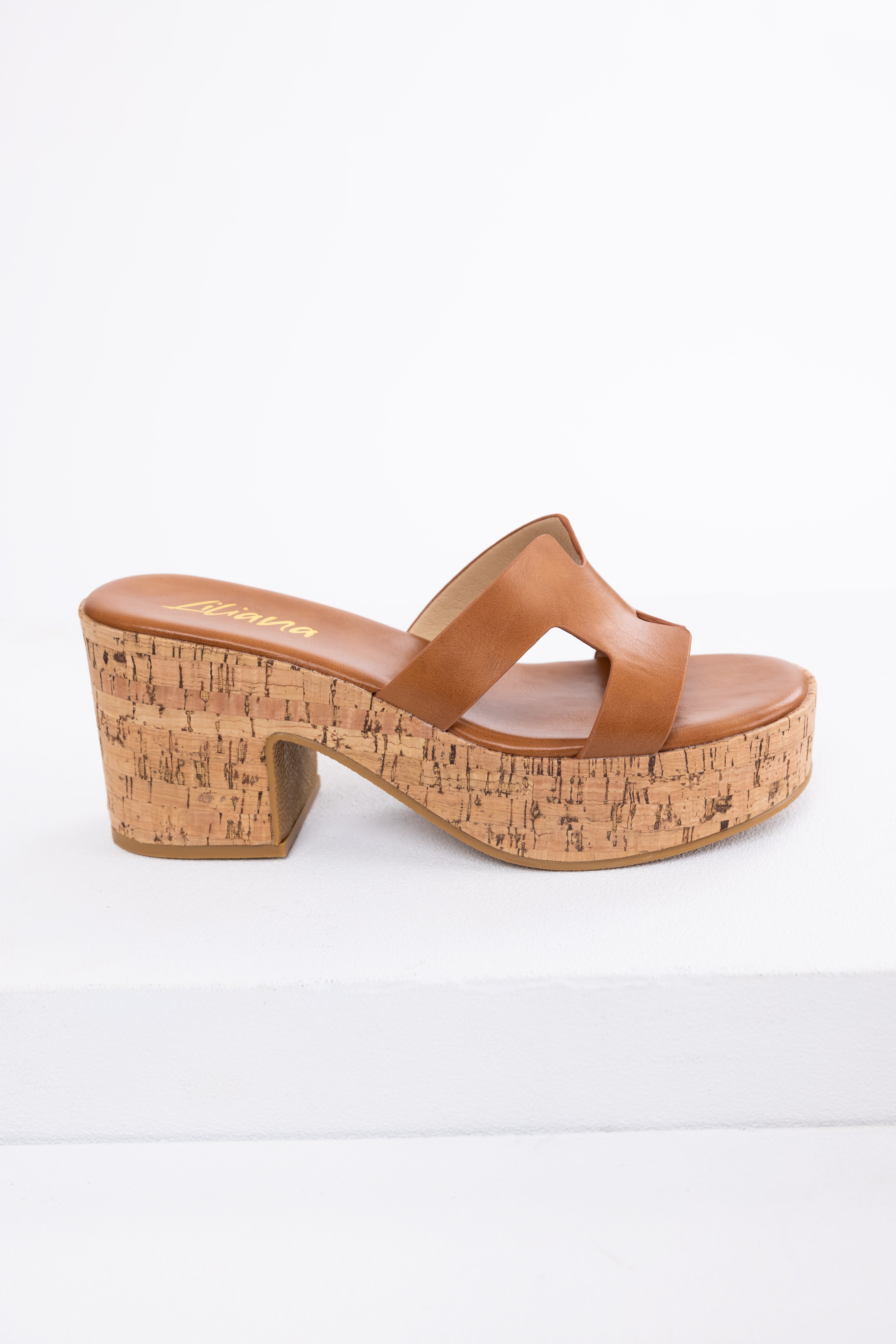 Cognac Geometric Strap Cork Platform Heels-Newayad