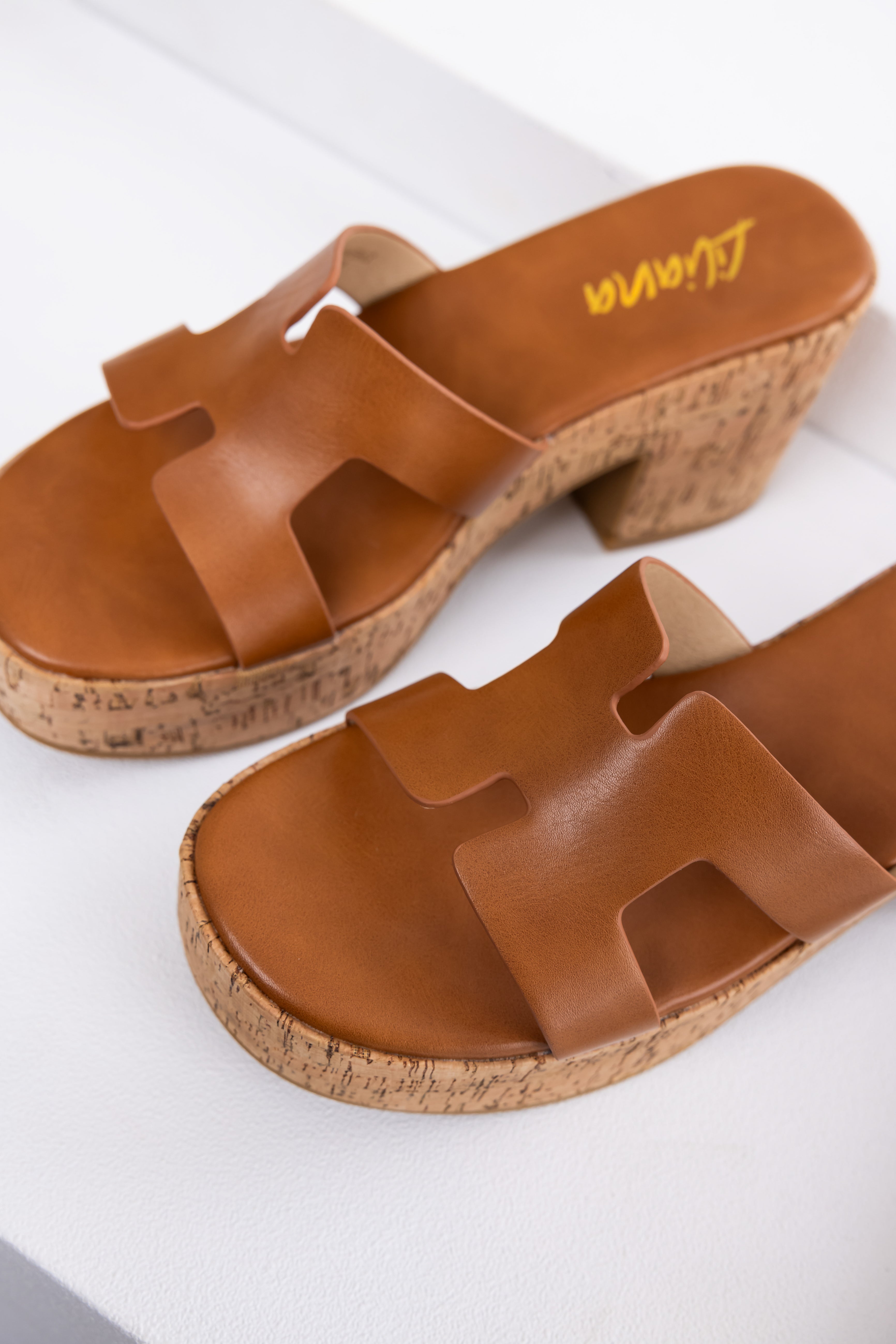 Cognac Geometric Strap Cork Platform Heels-Newayad