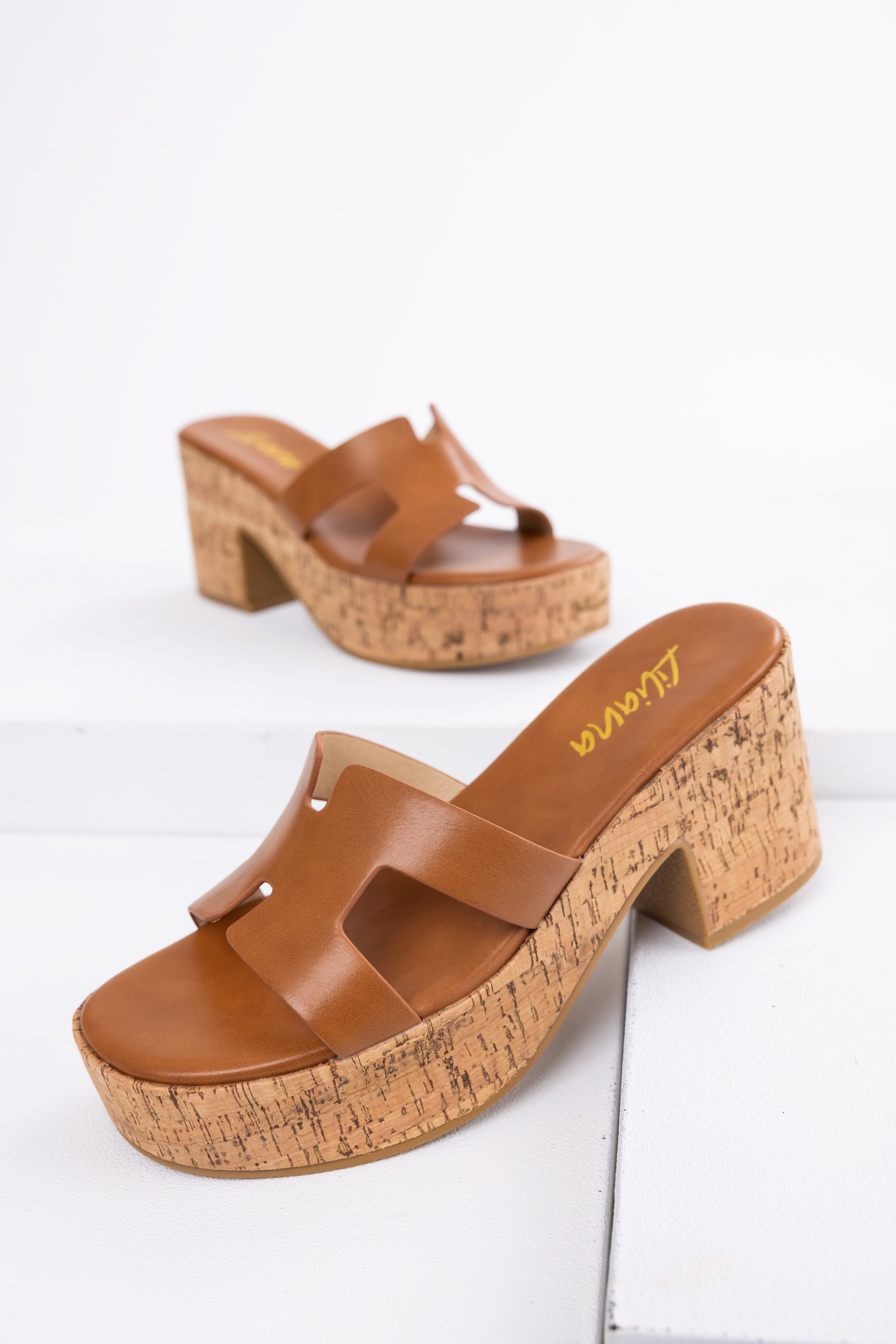 Cognac Geometric Strap Cork Platform Heels-Newayad