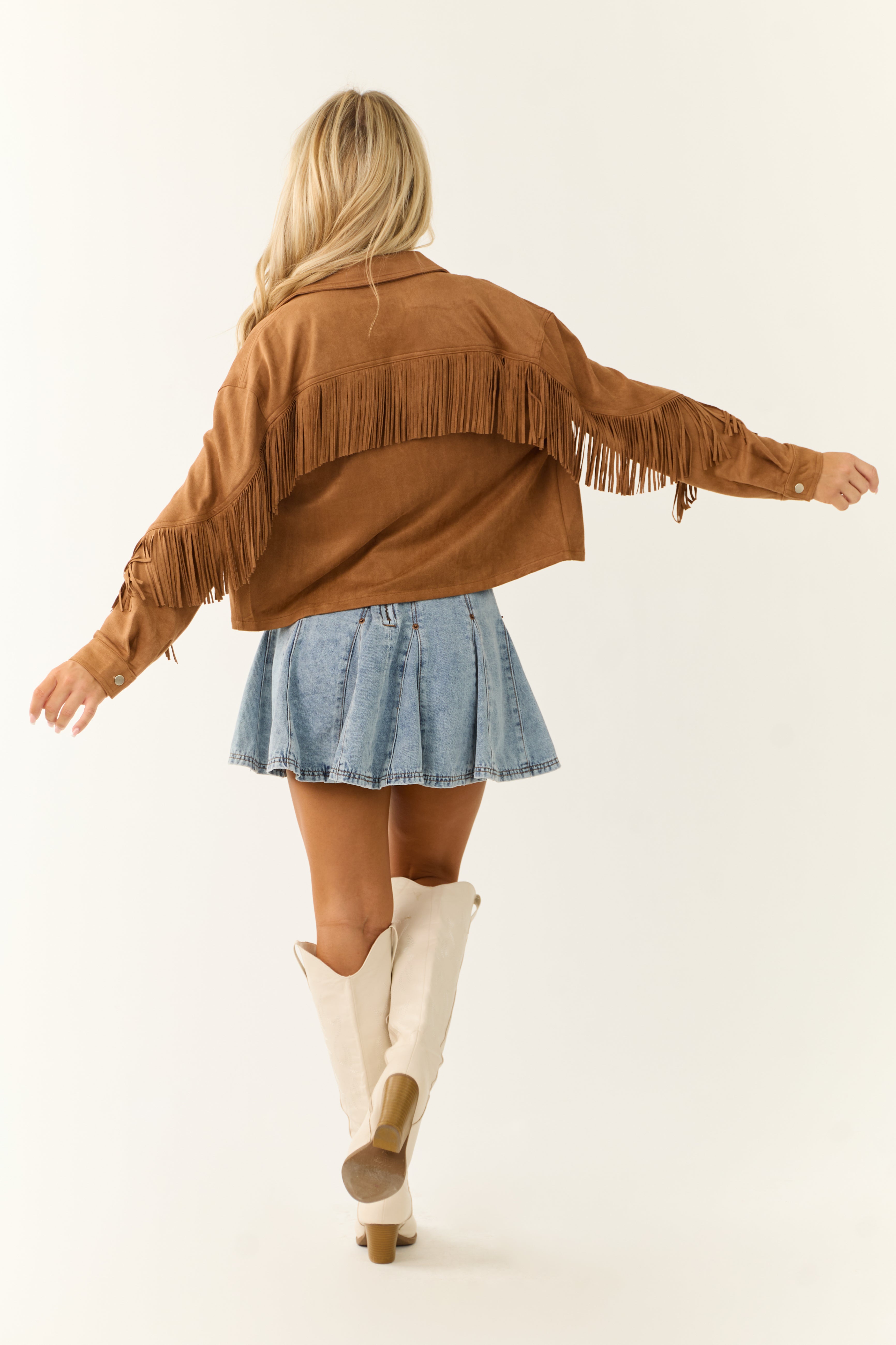 Copper Faux Suede Collared Fringe Jacket-Newayad