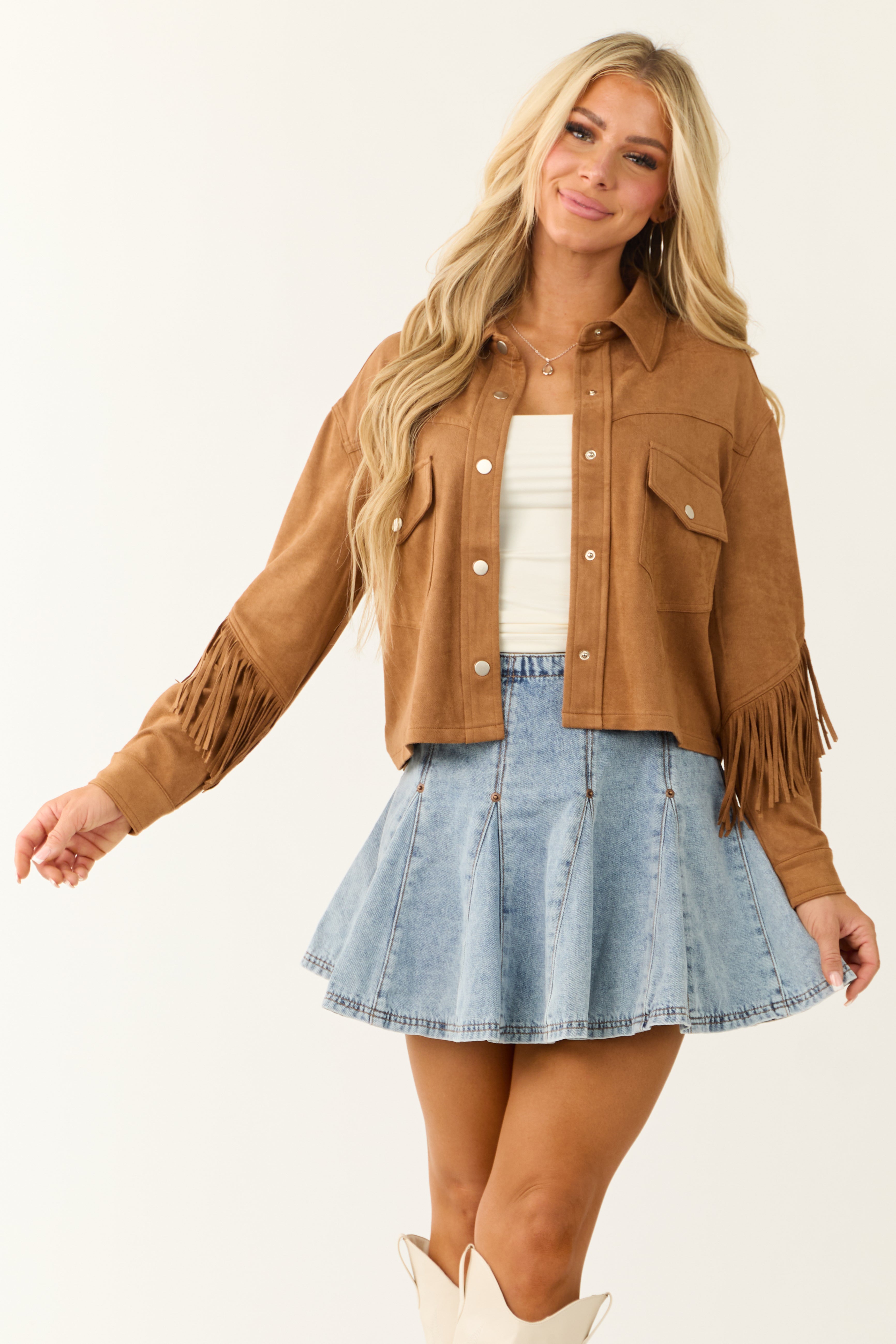 Copper Faux Suede Collared Fringe Jacket-Newayad