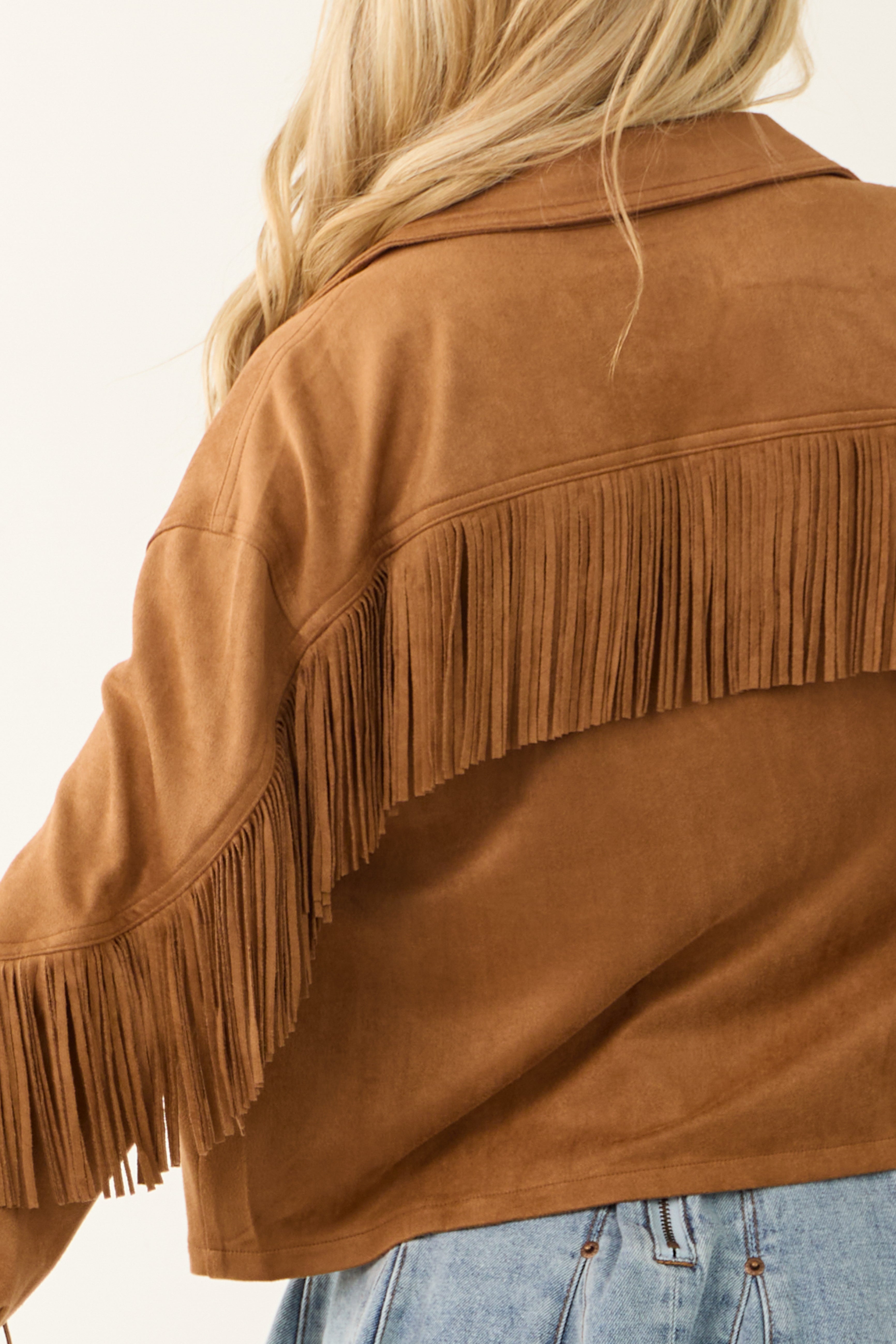 Copper Faux Suede Collared Fringe Jacket-Newayad