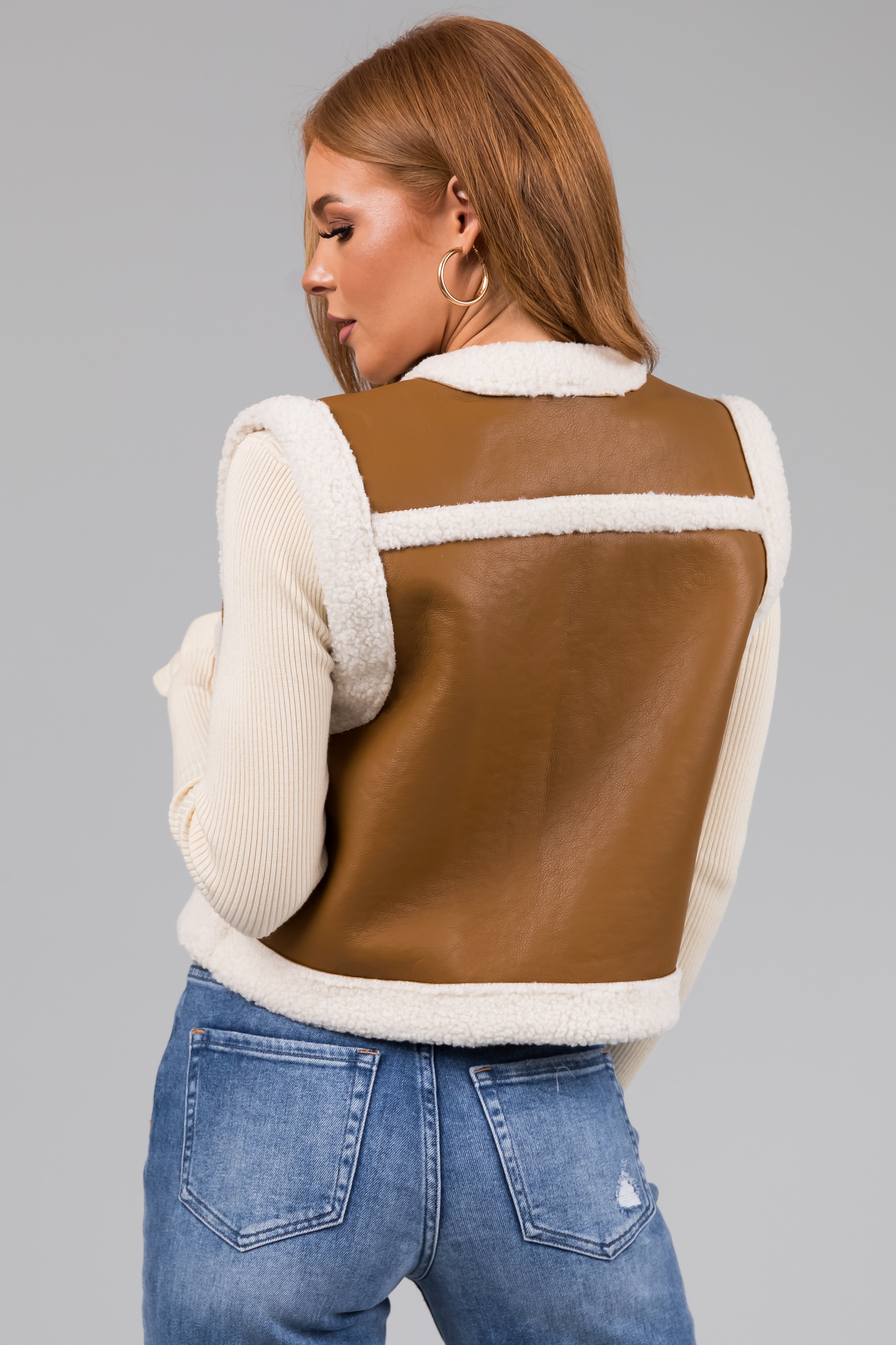 Copper and Ivory Faux Leather and Sherpa Vest-Newayad