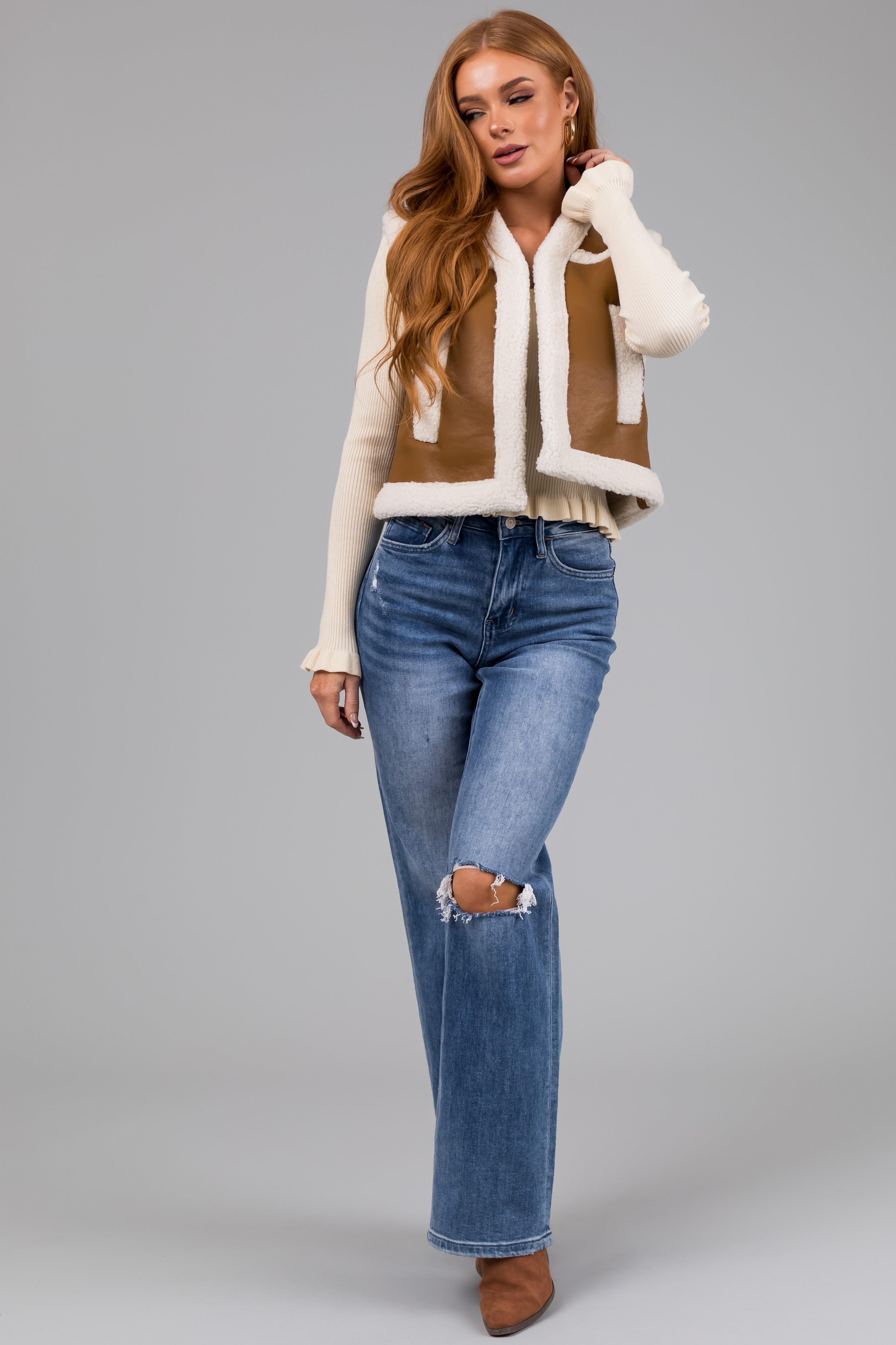 Copper and Ivory Faux Leather and Sherpa Vest-Newayad