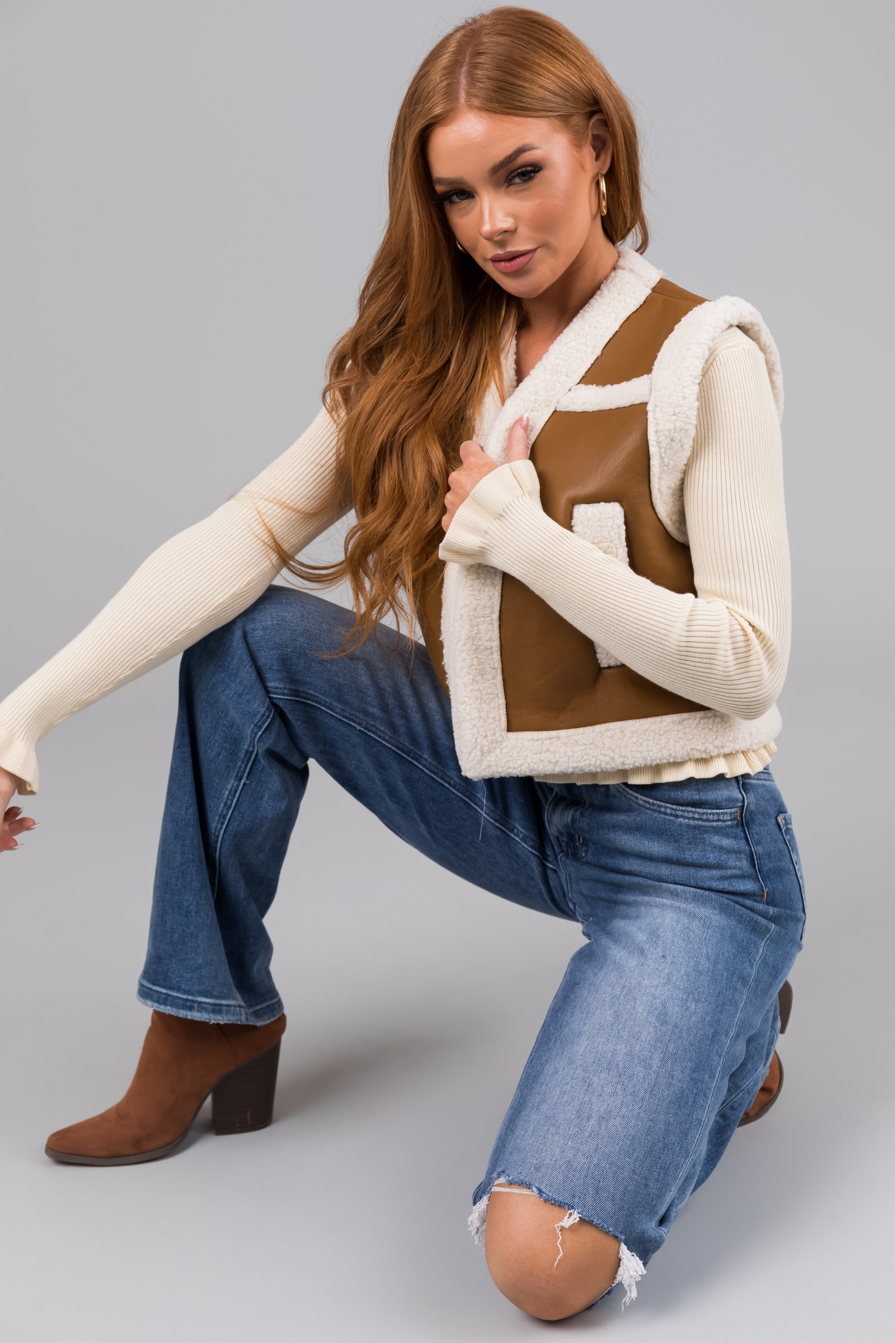 Copper and Ivory Faux Leather and Sherpa Vest-Newayad