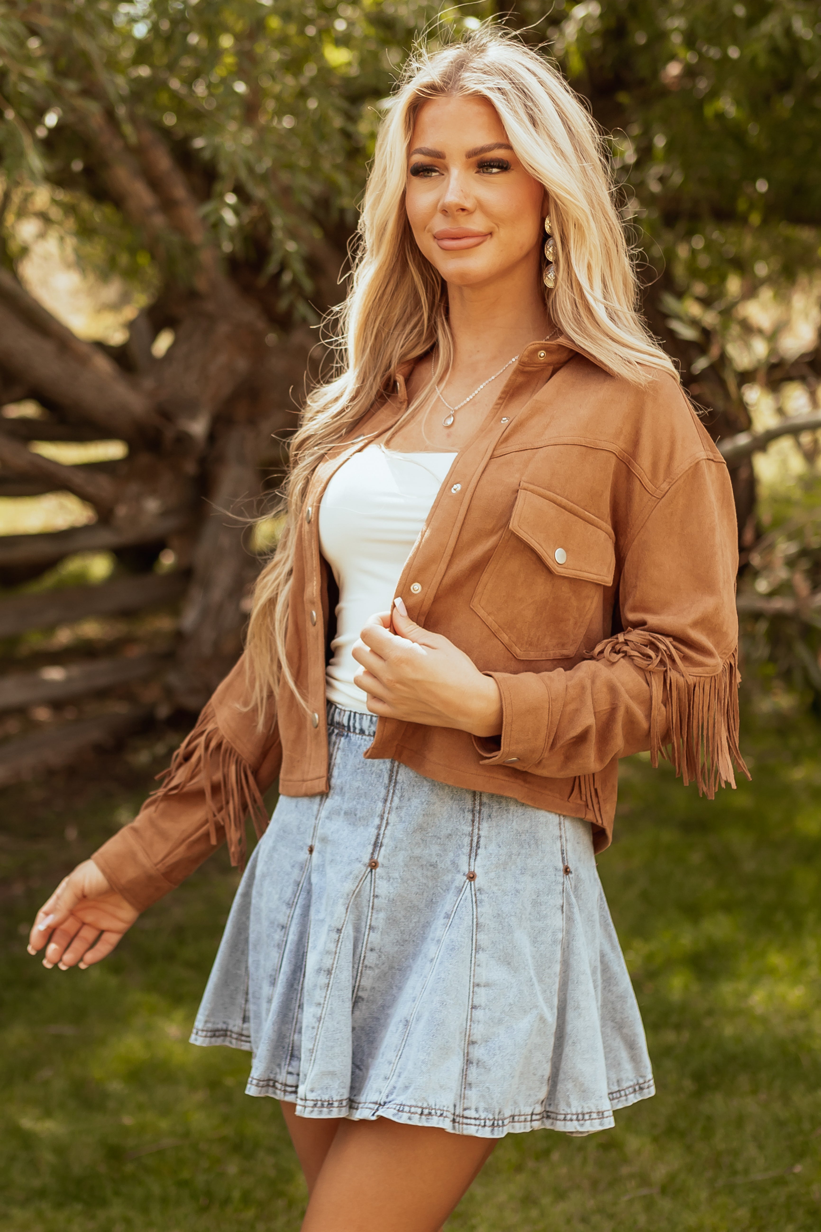 Copper Faux Suede Collared Fringe Jacket-Newayad