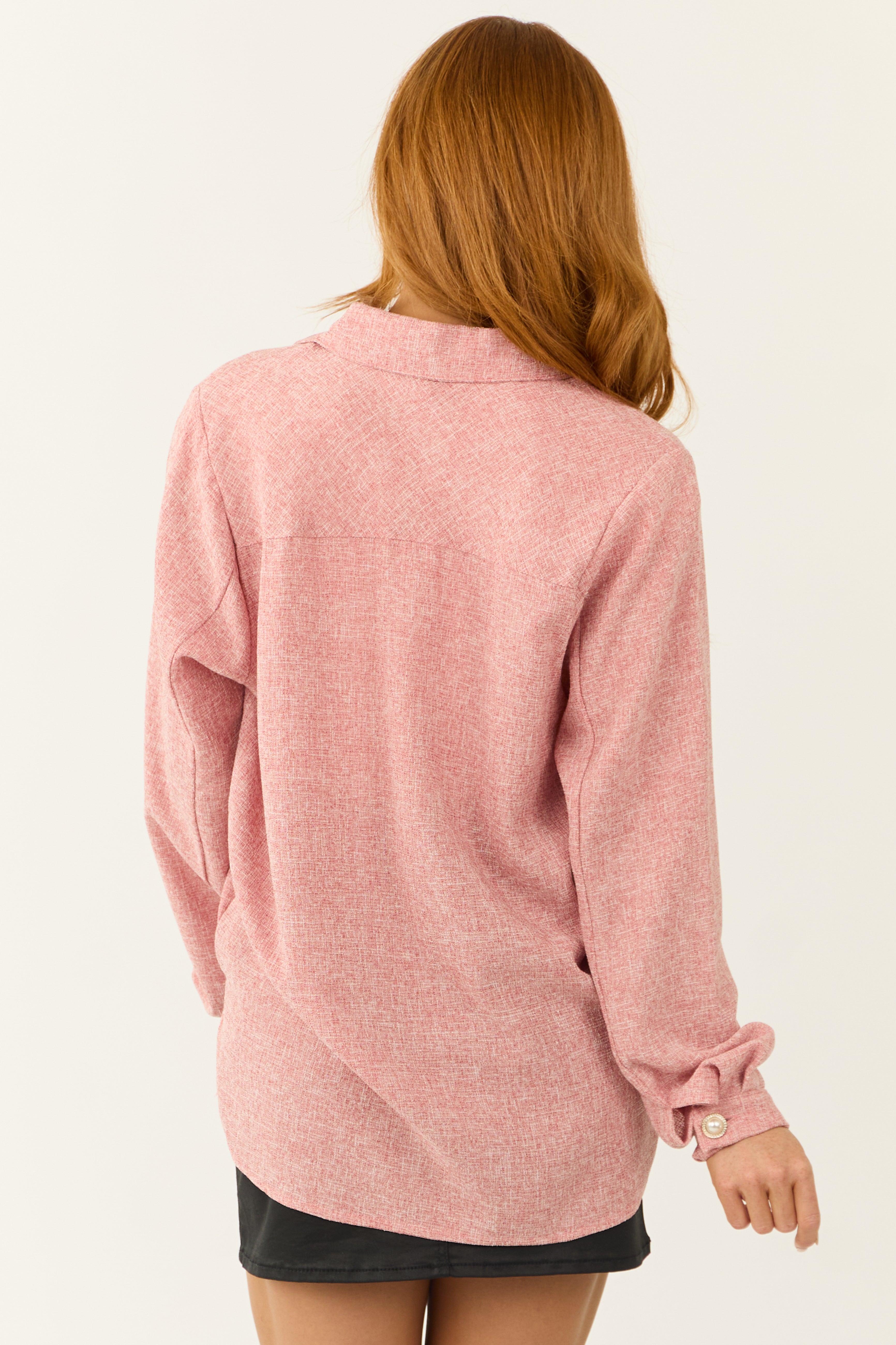 Coral Tweed Embellished Button Light Shacket-Newayad