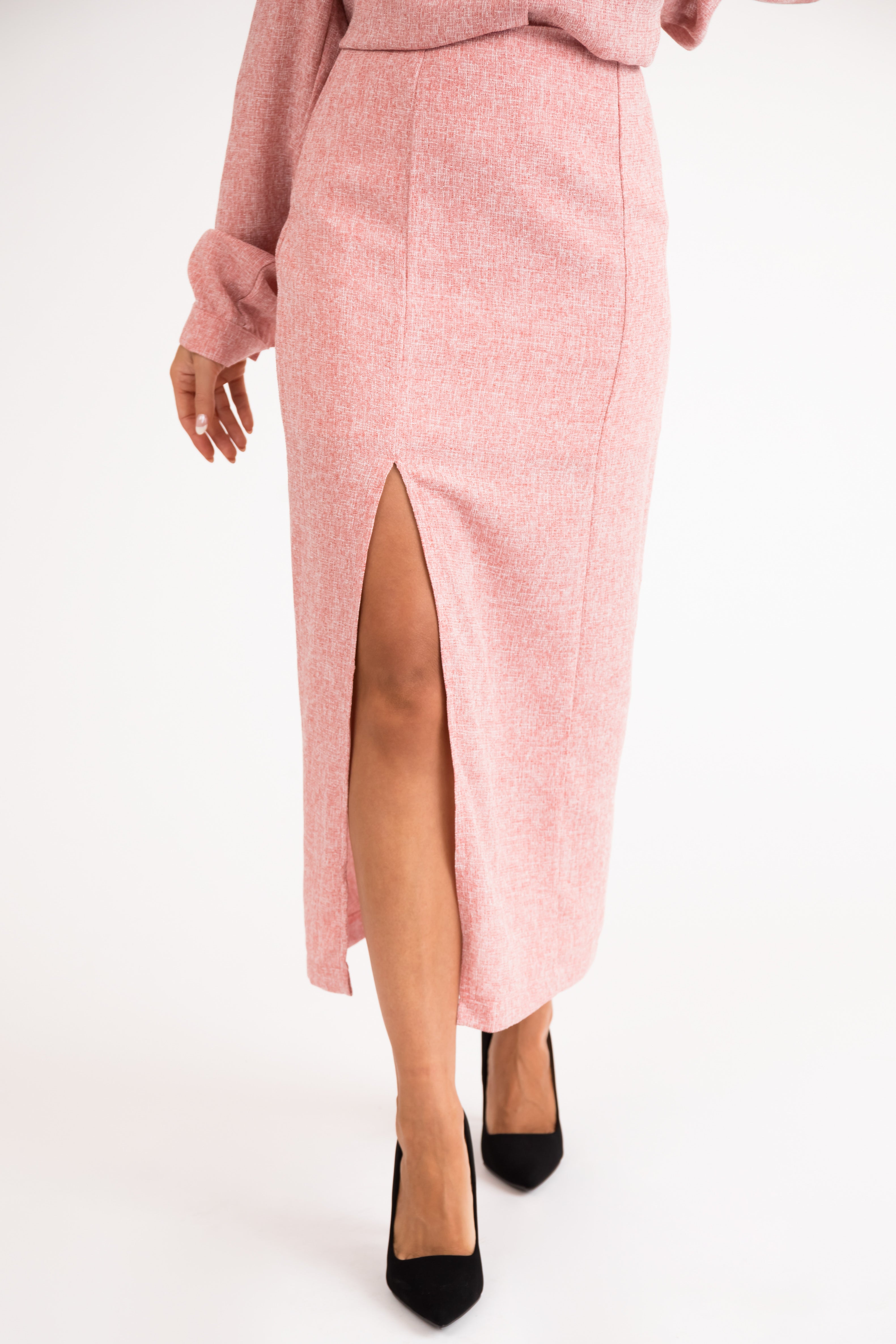 Coral Tweed Knee Slit Midi Skirt-Newayad